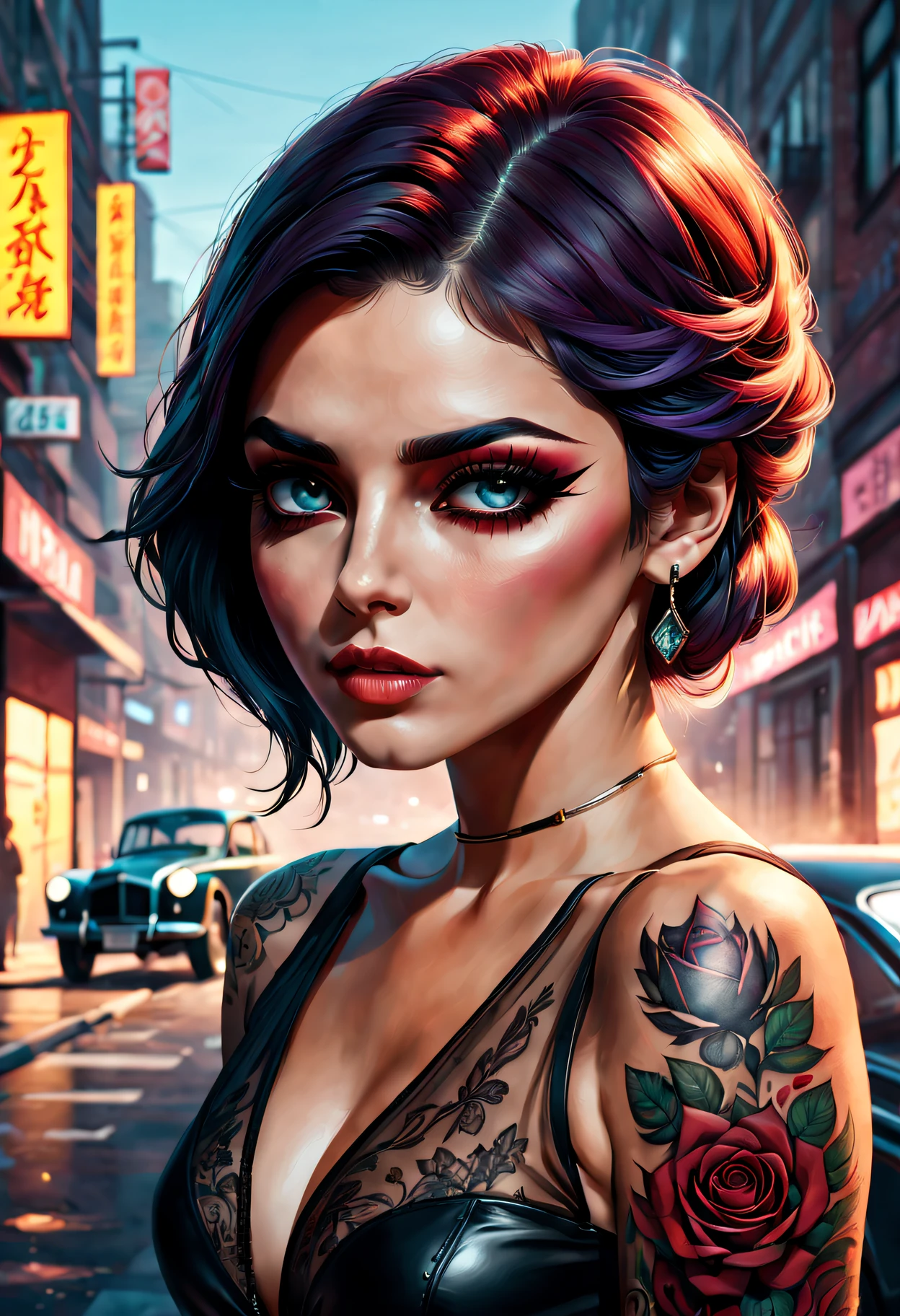 GTA STYLE,heroineashion accessor,Dangerous weapons,The Car,the city street,shadows and highlights,hight contrast,crime and danger、Tension and suspense、Reflections on the avant-garde and the low ebb、Shady、(retro artstyle),evocative composition,(extremely detaild的 CG unified 8k wallpapers),(tmasterpiece), (Best quality), (ultra - detailed), (Best Best Illustration),(The best shadow), (Sharp eyeliner, eye shadows),(rose tattoo)。