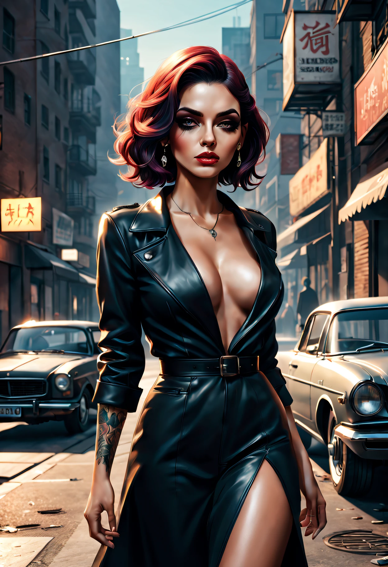 GTA STYLE,heroineashion accessor,Dangerous weapons,The Car,the city street,shadows and highlights,hight contrast,crime and danger、Tension and suspense、Reflections on the avant-garde and the low ebb、Shady、(retro artstyle),evocative composition,(extremely detaild的 CG unified 8k wallpapers),(tmasterpiece), (Best quality), (ultra - detailed), (Best Best Illustration),(The best shadow), (Sharp eyeliner, eye shadows),(rose tattoo)。