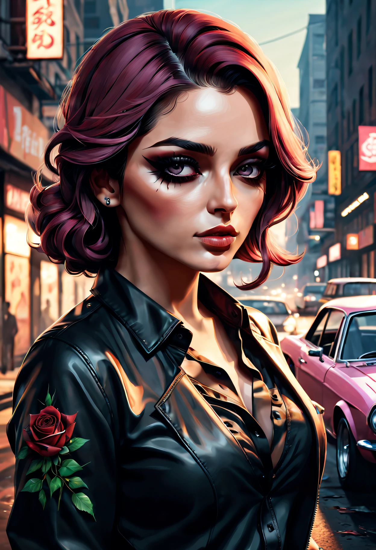 GTA STYLE,heroineashion accessor,Dangerous weapons,wind coat,The Car,the city street,shadows and highlights,hight contrast,crime and danger、Tension and suspense、Reflections on the avant-garde and the low ebb、Shady、(retro artstyle),evocative composition,(extremely detaild的 CG unified 8k wallpapers),(tmasterpiece), (Best quality), (ultra - detailed), (Best Best Illustration),(The best shadow), (Sharp eyeliner, eye shadows),(rose tattoo)。