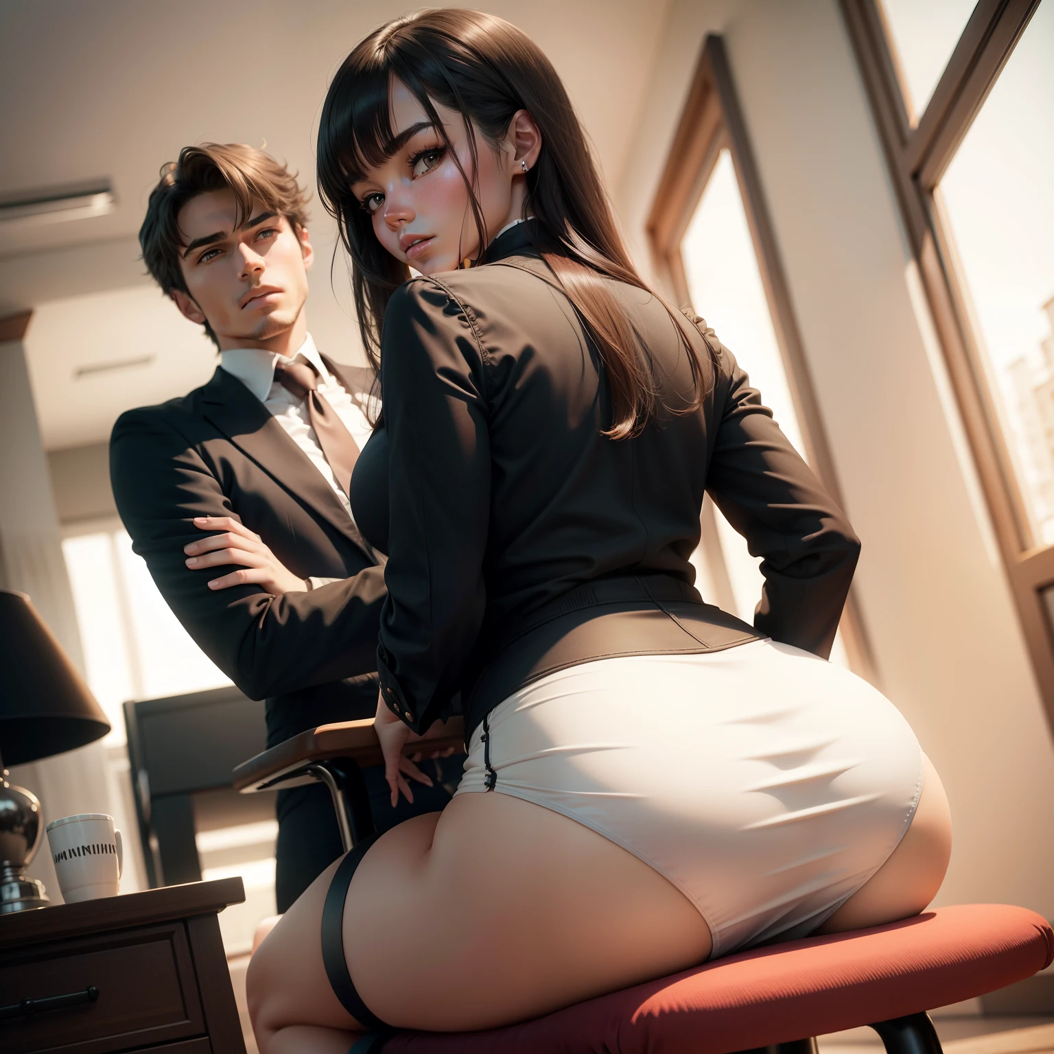 young woman in miniskirts with perfect ass sitting on a chair near the handsome man