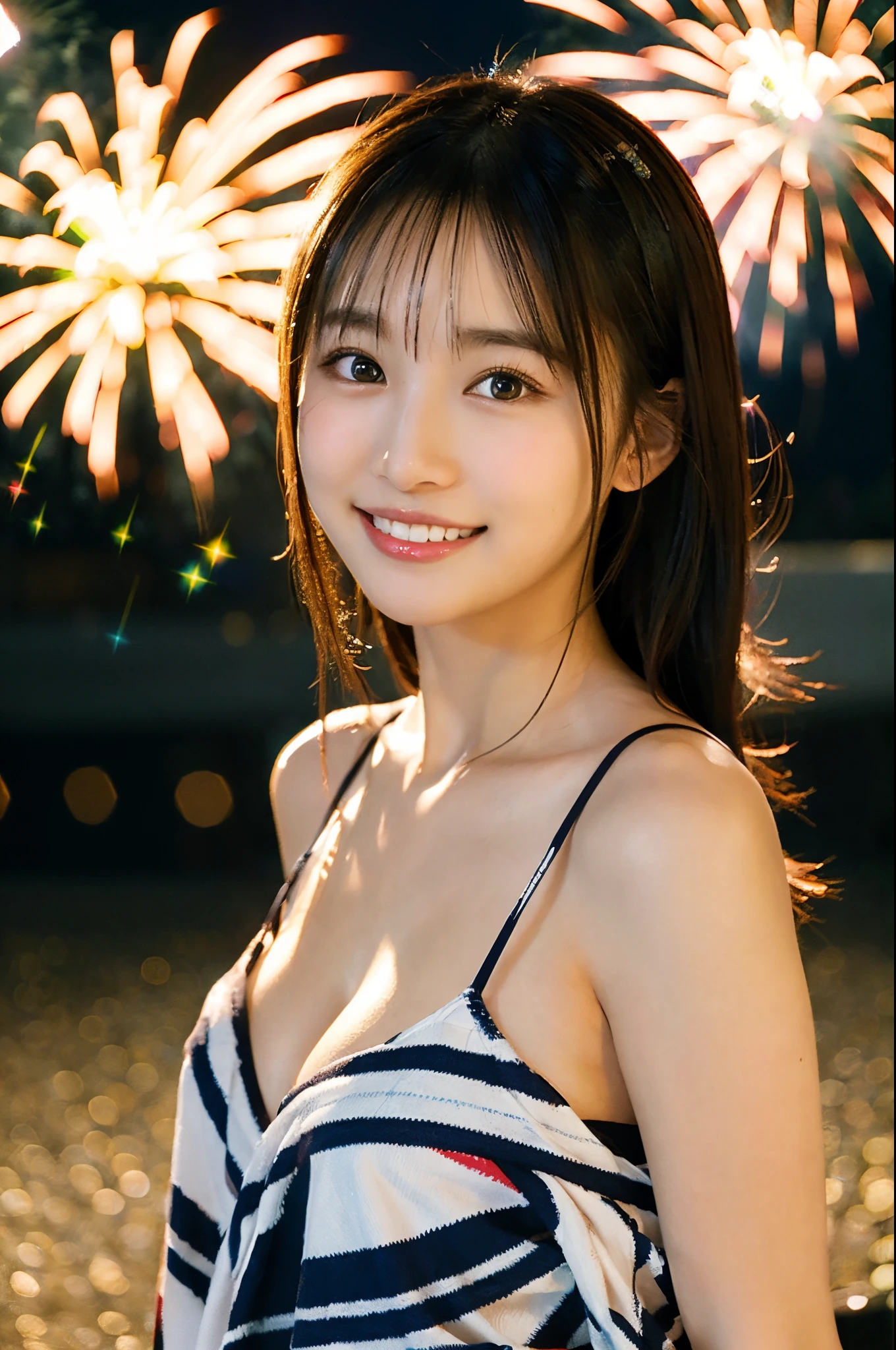 ulzzang -6500-v1.1, (Raw photo:1.2), (Photorealsitic), a beautiful detailed girl, (Real: 1.4), extremely detailed eye and face, ((Special air oral yukata:1.3))、((Fireworks in the background:1.2)), selfee, Instagram、game_nffsw, huge filesize, hight resolution, ighly detailed, top-quality, [​masterpiece:1.6], illustratio, ighly detailed, nffsw, finely detail, top-quality, 8k wallpaper, Cinematographic lighting, 1girl in, , perfect body type, cute droopy eyes beautiful big eyes、Pieckfinger, ((masutepiece)), Best Quality, eye shadow,  Portrait, ((FULL BODYSHOT:1.4))、(Very affectionate smile:1.2)、realistic skin textures、shinny skin、