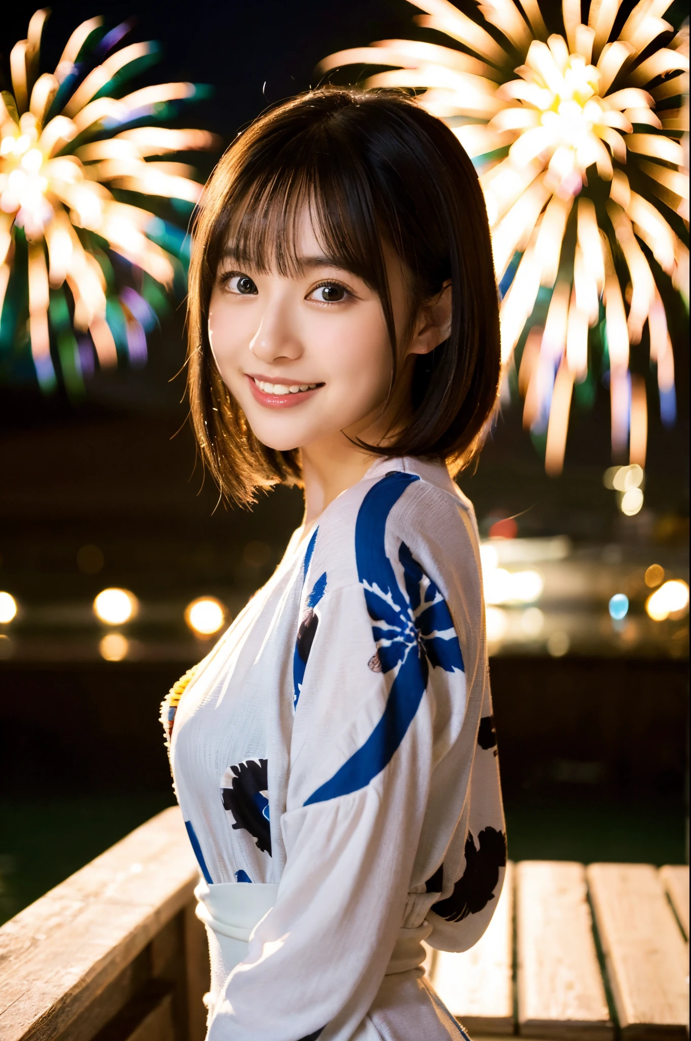 ulzzang -6500-v1.1, (Raw photo:1.2), (Photorealsitic), a beautiful detailed girl, (Real: 1.4), extremely detailed eye and face, ((Special air oral yukata:1.3))、((Fireworks in the background:1.2)), selfee, Instagram、game_nffsw, huge filesize, hight resolution, ighly detailed, top-quality, [​masterpiece:1.6], illustratio, ighly detailed, nffsw, finely detail, top-quality, 8k wallpaper, Cinematographic lighting, 1girl in, , perfect body type, cute droopy eyes beautiful big eyes、Pieckfinger, ((masutepiece)), Best Quality, eye shadow,  Portrait, ((FULL BODYSHOT:1.4))、(Very affectionate smile:1.2)、realistic skin textures、shinny skin、