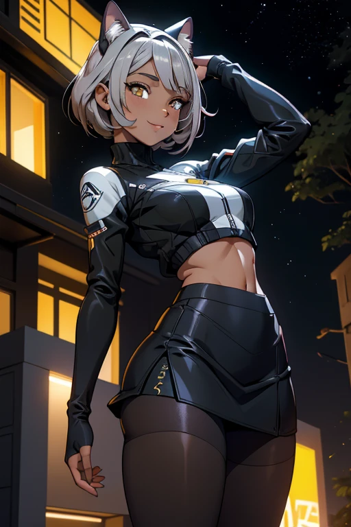 foto de corpo inteiro,cat ears on the head of a beautiful young woman wearing a short skirt, usando meias preta longas e sueterpreto apertado ,corpo inteiro na foto,floresta a noite varias luzes,belas coxas, coxas lindas belhos olhos escuros detalhados, sueter branco apertado,maio apertado , tight pantyhose, mini saia , ceu limpo a noite com estrelas numa floresta a noite,short curto linda jovem, olhos sedutores feminino.CABELO CURTO PRETO((CABELOS CURTO PRETO)) sorriso