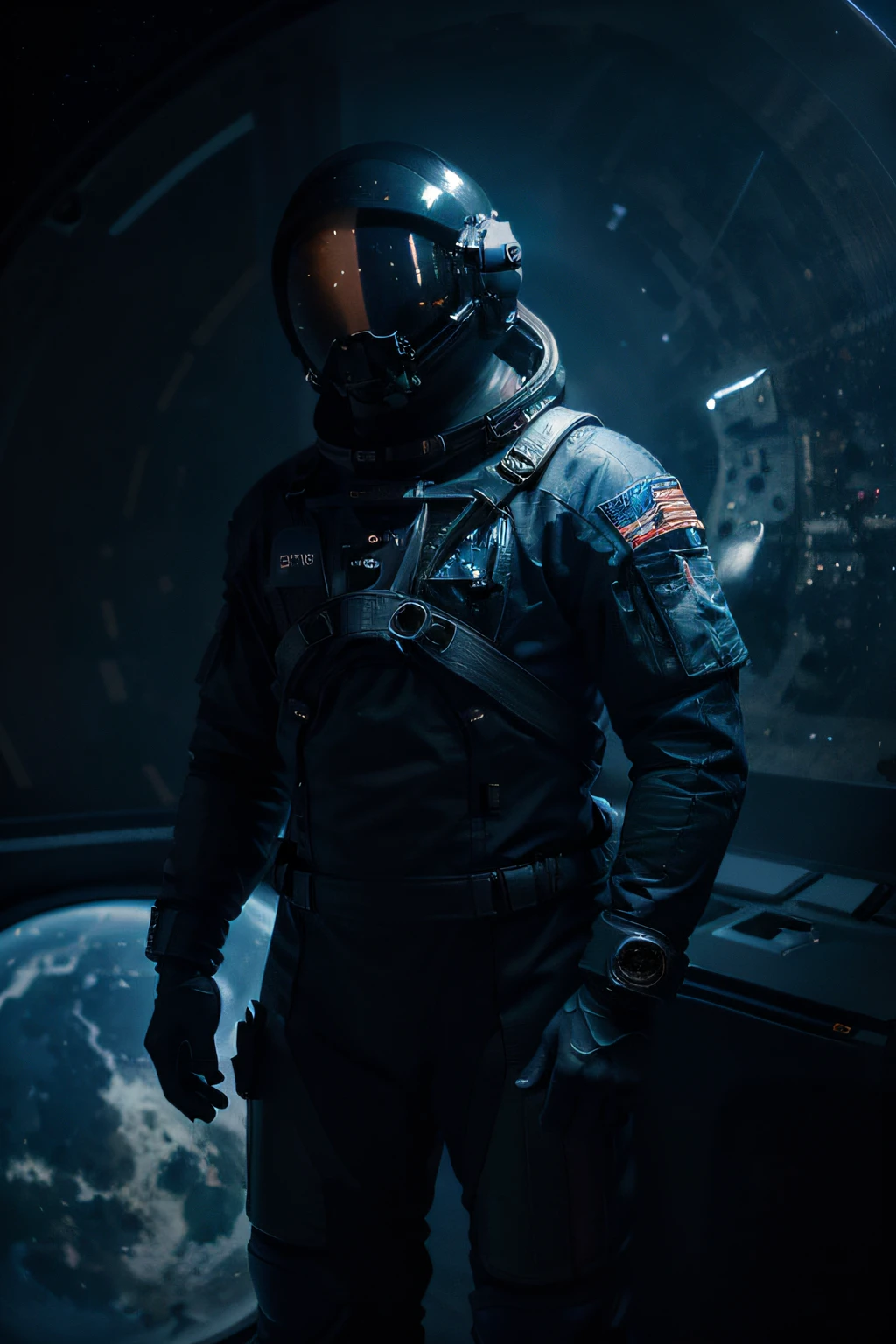 (astronaut,floating in space,traditional,futuristic,American space suit,detailed,ultra-detailed,professional),(directly facing the camera,face not visible,pose:confident),(pitch black background,ULTRA-HDR,studio lighting),(vivid colors,blue tone,cosmic atmosphere),(intense lighting,highlighted suit),(implies unknown,exploring the universe)