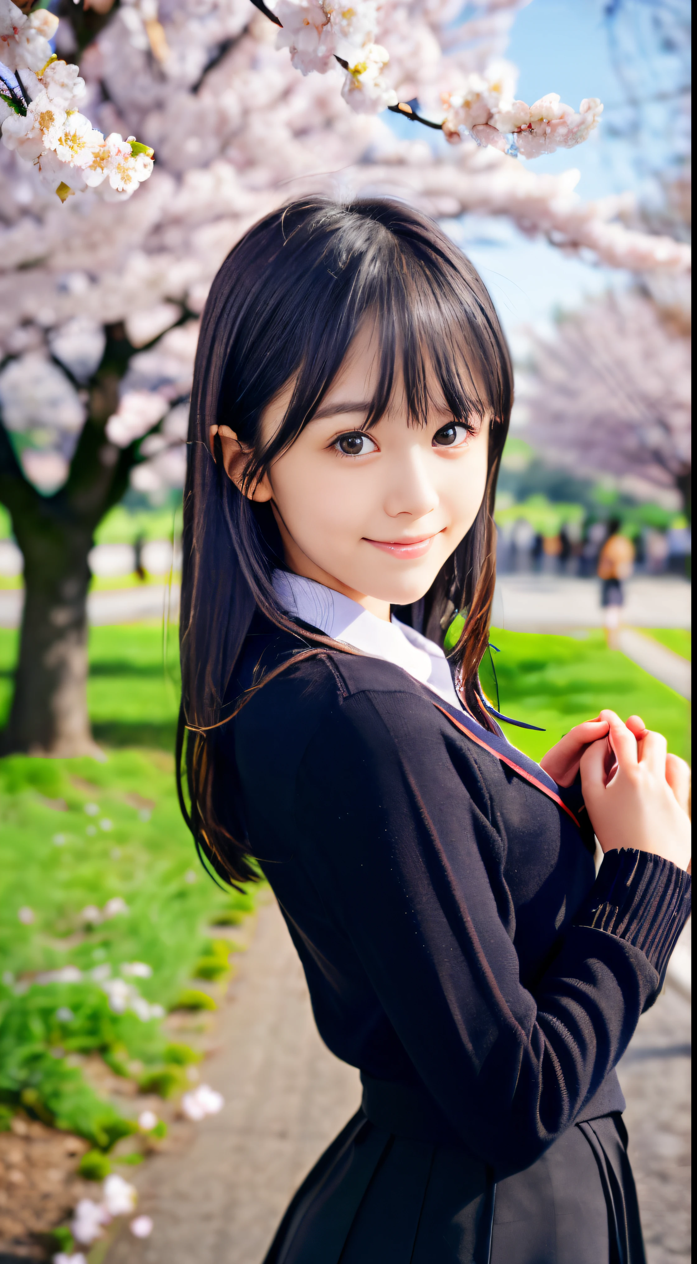 (I wore my bangs with my spring sweater and skirt.、Close-up of a slender small-breasted dark silver long-haired girl:1.5)、(A girl turns around and spreads her arms wide and smiles, Her hair blows in the wind in the schoolyard lined with cherry blossom trees in full bloom.:1.5)、(Blurry background:1.5)、(Perfect Anatomy:1.5)、(complete hands:1.3)、(complete fingers:1.3)、Photorealsitic、Raw photography、masutepiece、top-quality、hight resolution、delicate and pretty、face perfect、Beautiful detailed eyes、Fair skin、Real Human Skin、((thin legs))