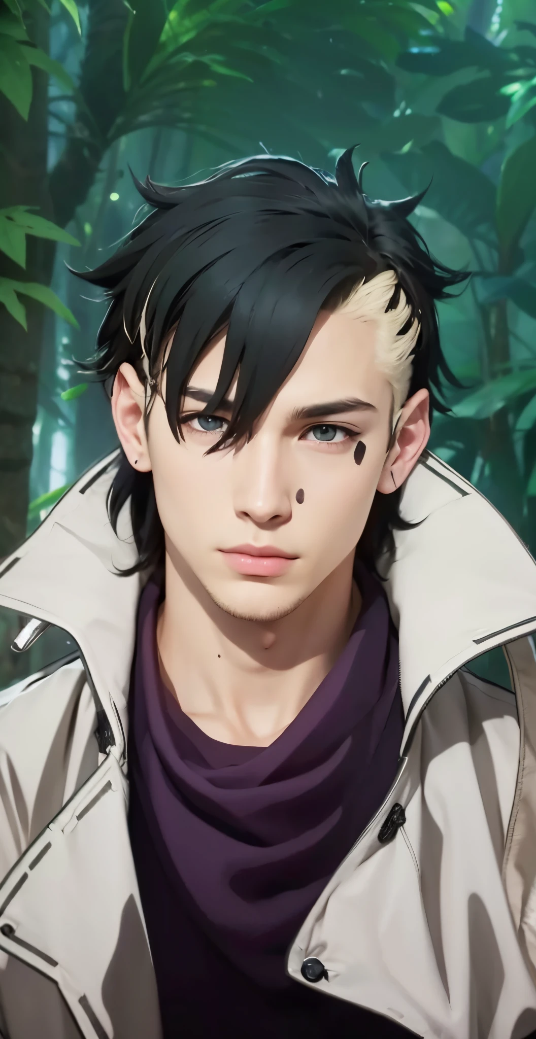 Real life adaption of this character , teen handsome man, realistic same exactly hair black and blonde , (realistic same outfit),realistic jungle background , realistic light, realistic shadow, realism, hyper realistic,(photorealistic:1.2), normal small eyes