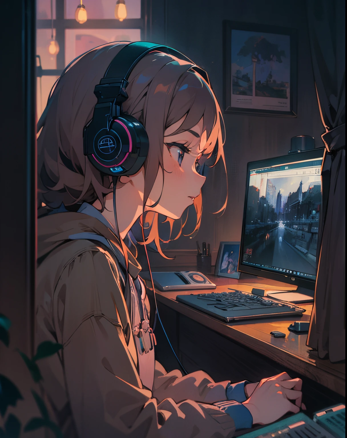 Girl listening to music in a cozy room at night, Using headphones, worm lights, 2D anime style, Lo-fi, highly detailed, Hard disk, anime style mixed with fujifilm, hyper realistic, 8k, Masterpiece