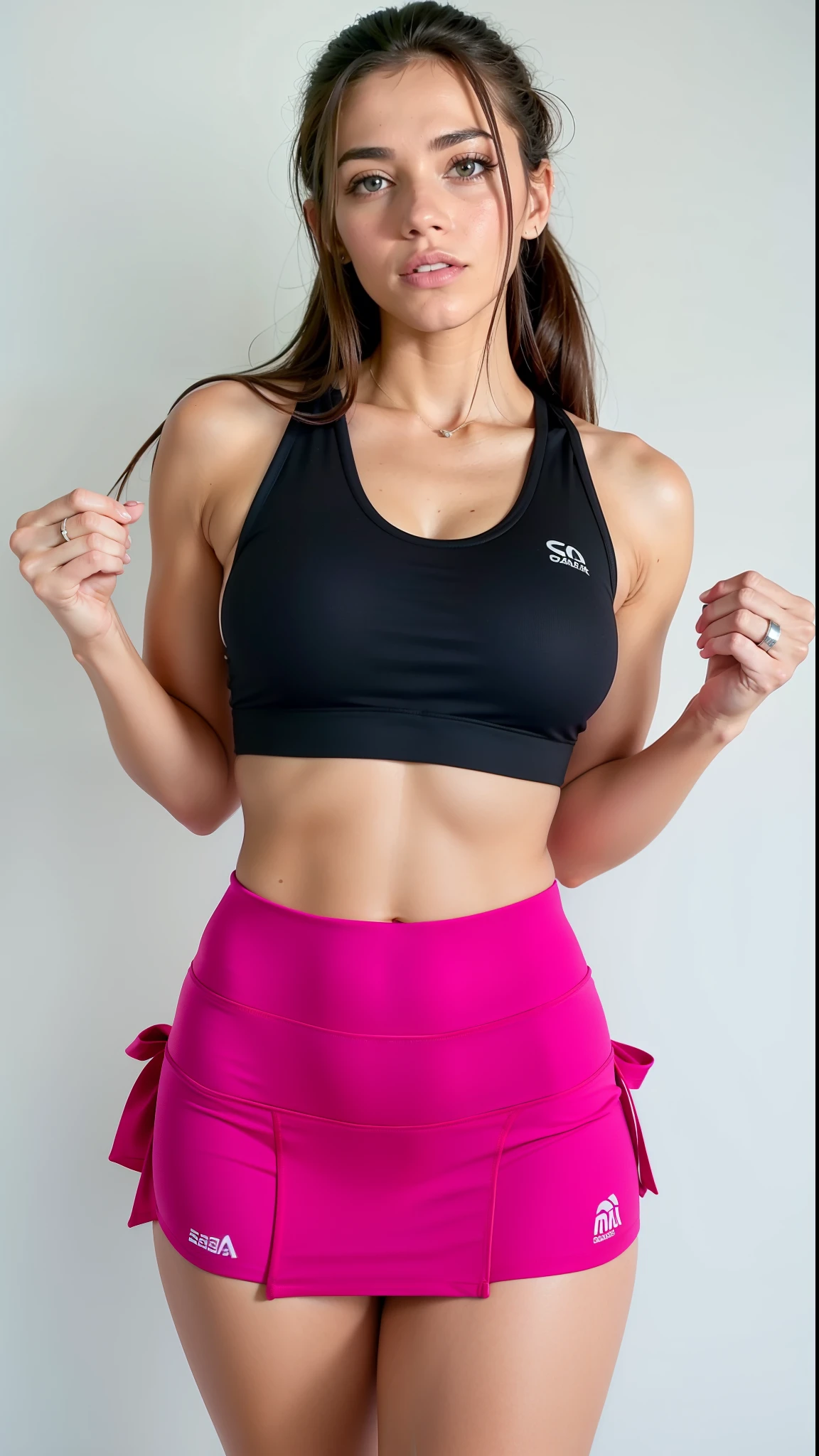 um close up de uma mulher de (((saia rosa))) posando para uma foto, sport bra and skirt , two piece workout clothes, detailed sports bra, sports bra, Esporte bom, brassier, topo de cabresto preto, top de cabresto rosa quente, usando uma regata preta cropped, usando uma regata cropped preta, topo de corte, sport bra and skirt, Topo de colheita, Titular Top