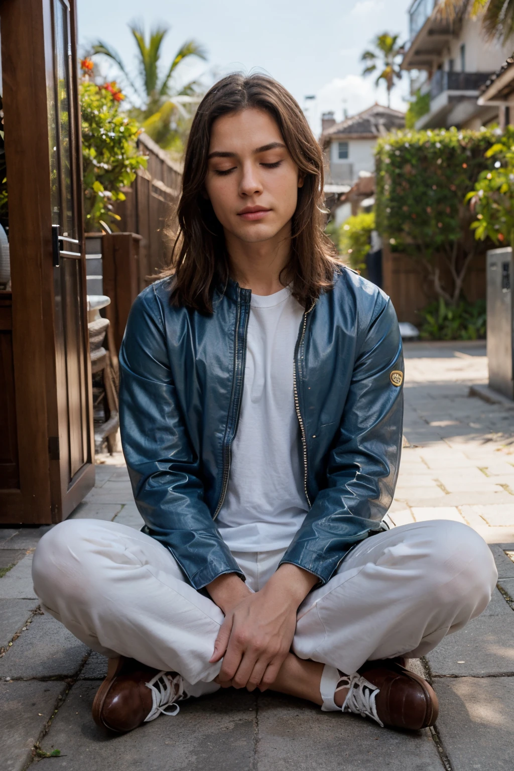 Create a convincing image of an attractive man with broad shoulders.  The man is wearing a white shirt, blue jacket, blue trousers and brown leather shoes.  sits in lotus position, man meditates with eyes closed.  the face is calm and concentrated.  full-length pose.  close-up, calm beach, personifying self-confidence and assertiveness, three palm trees can be seen in the background, dawn lighting.  No text added.
ultra-realistic, ultra-detailed, soft light, detail skin