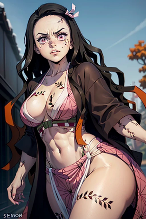 (foto ultra realista de Nezuko kamado deusa da beleza, Olhos cor-de-rosa brilhantes, Angry and angry expression, ela tem um chifre, 8k, UHD, hottie com seios ultra gigantes, enormes seios longos saindo de seu quimono, Erotic, com longos cabelos pretos e pontas alaranjadas, Sexy pink japanese kimono, She doesn't wear panties showing her tattoo , pelos pubianos mostrando), Nezuko with a piece of bamboo stuck her ass, (Nezuko, Nezuko-chan, Demon Slayer art style, Kimetsu em Yaiba), personagem de anime feminino, (Nezuko, In his demonic form, Seios enormes, seios longos gigantes saindo de suas roupas, seus seios ficam para fora de seu quimono, mostrando lindos seios pontiagudos), (Ultra giant breast length runs down to your toned belly, She has leaf tattoos running all over her sexy erotic body), Demon Slayer rui fanart, empunhando kunai, Marin Kitagawa Fanart, arte de anime limpa e detalhada, uma mulher berserker muito bonita, por Kamagurka, arte profissional, Detalhe perfeito, (Nezuko kamado in her demonic form showing her giant and furry , based on the demon Slayer Kimetsu no yaiba), Nus, nu