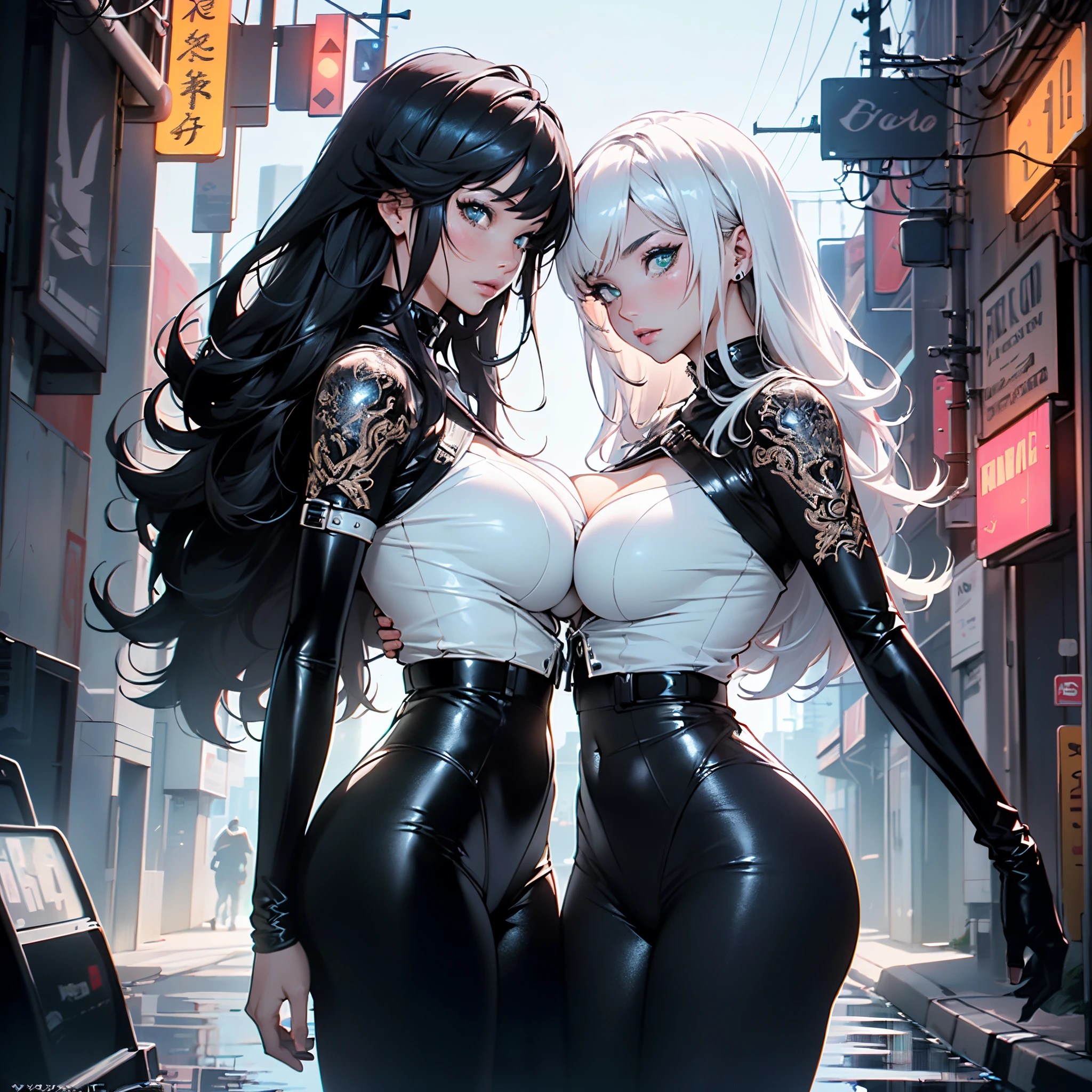 (beautiful arab identical twins in middle of composition:1.5),(black long hair:1.5), detailed and intricate, featuring high-tech, art by (((Syd Mead, Masamune Shirow))), (very enormous breast:1.7), (bare breasts:1.4),(((aqua_eyes:1.3))) ,intricate eyes,beautiful detailed eyes,symmetrical eyes,

shiny latex is black,latex stockings,revealing clothing,show skin,(((lustrous skin:1.5,bright skin: 1.5,skin tanned,shiny skin,very shiny skin,shiny body,plastic glitter skin,exaggerated shiny skin,illuminated skin,wet legs))), shiny lips, very big ass,inflated legs,(symmetrical detailed face:1.7),toned, sexy, nsfw,

(centered,scale to fit dimensions,Rule of thirds),

cyberpunk city by the ocean at night, with bright neon signs and dark stormy clouds and puddles, scenery:1.25,

artistic photography,(photography taken by sldr),highres, sharp focus, (ultra detailed, extremely detailed), (photorealistic artwork:1.37),(extremely detailed CG unity 8k wallpaper),((synthwave background theme)),(((vibrant colors))),(intricate background),(masterpiece),(best quality),