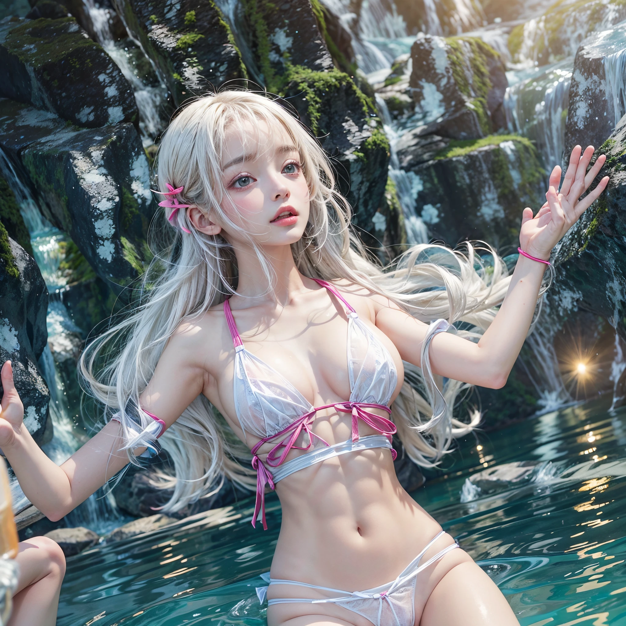 (8K, Original photography, Top image quality, masterpiece: 1.4), hyper HD, (Realistic, 真实感: 1.48), realisticlying, A high resolution, softlighting. Tiny Girls, girl jumping into the water、Falling、splash water、shout、Luminous water surface、White and Vivid colors, under the mesmerizing back lighting, glistening ivory skin, sparkling highlights, Detailed KAWAII face with cute lips, long eyelashes, Delicate clothes, Detailed open crotch, (((Whole Body proportions and all limbs are anatomically accurate))) .