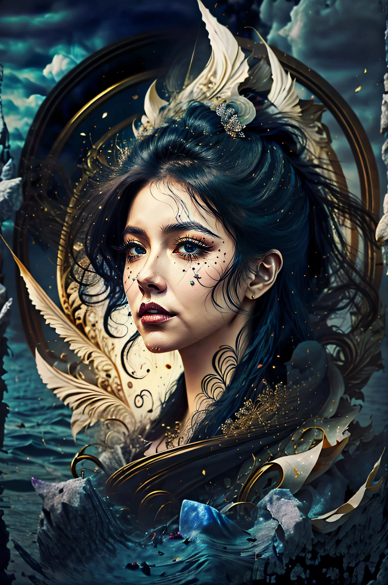 (masterpiece, top quality, best quality, official art, beautiful woman and aesthetic:1.2), (1girl), extreme detailed,(fractal art:1.3),colorful,highest detailed,upper body, [lace],[jewelry],[flower],[[butterfly]] , large moon at the sea background