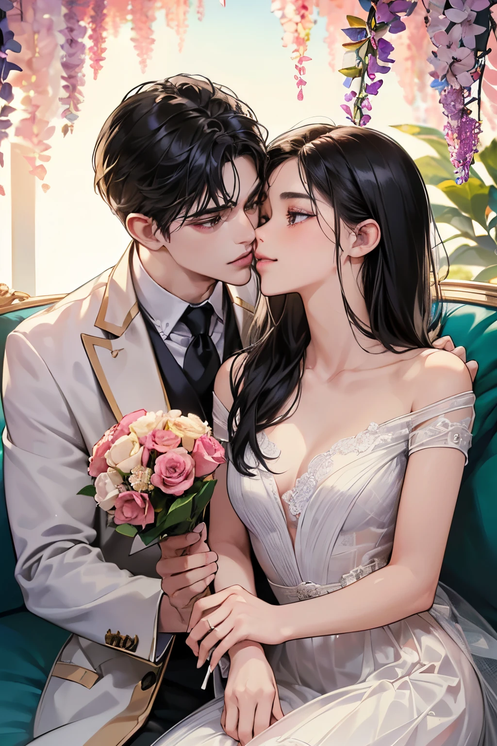 (masutepiece, Digital Art, Digital Illustration, 4K, 8K, Ultra-detailed, beautiful image, Sharp Image, Photorealistic, Raw photo, Perfect face, Perfect lines, Perfect eyes, Soft lighting) ,1 woman, (Long Black Hair,straight haired,Bullish gaze,Beautie,ellegance,Solid makeup,23 y-o woman,small tits:1.3),Two handsome men in suits, (ember,well-muscled,Firm shoulder width, Man's,Boyish hairstyle,English gentlemanly style,Man in his 30s with a cool expression,28-year-old man with bright smile:1.2),Show white teeth and smile(embarrassed from,Shy smile:1.1),A garden full of light、The fountain、Resort Sofa、colorful flower、innocent smiles,Laugh、couple kissing、kiss、the kiss、Romance、Mermaid line wedding dress rose bouquet、