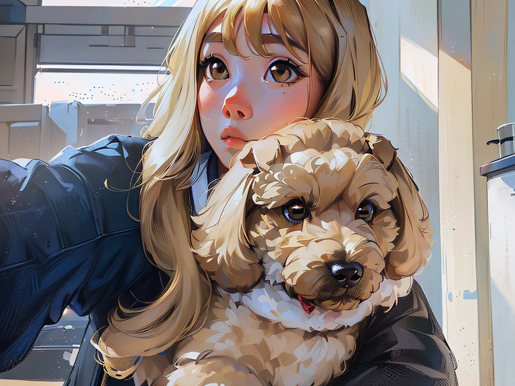 ((Best Quality, 8K, masutepiece: 1.letty, Young Woman, , With bangs、Blonde Long Hair With black mesh、Brown eyes, a Dog、Maltipoo、brown marupu