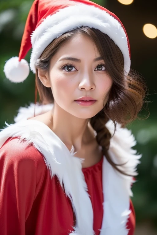 (((Japanese 60 year old mature woman))),top-quality, masterpiece, hight resolution, Photorealsitic, Raw photography, flawless, profetional lighting, ighly detailed, depth of fields,traditional Japanese room, (((60 year old))), (((Wrinkles on the face))),Nasolabial folds on the face,(((There are stains on the body))) chubby figure, Female sexy, Detailed face, beautidful eyes, bangss, sagging breasts, Straight light brown hair that reaches to the shoulders, Faint lips, ((stand facing forward、Staring at the viewer'serious face eyes.)),Christmas、Christmas tree、(((Santa Claus Costume))), Knee removes foot from frame