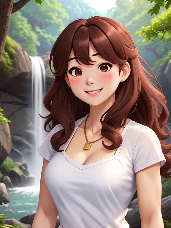 attractive korean woman, ripped muscle, muscular body, small breast, pale skin, smile(blush), nude, thin necklace, sixpack abs, [ultra detailed skin:1.2], brown hair, wavy hair, 8k uhd, pussy, full body, crowd, public, forest, waterfall, standing, wet,