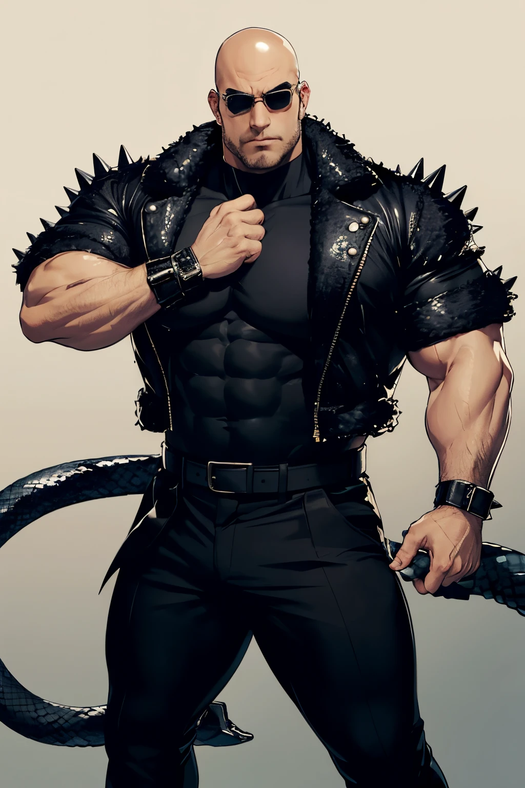 Huge buff man, bulky man, bald, square glasses, annoyed expression, open black furry jacket with spikes, snake skin pants, black belt, boots