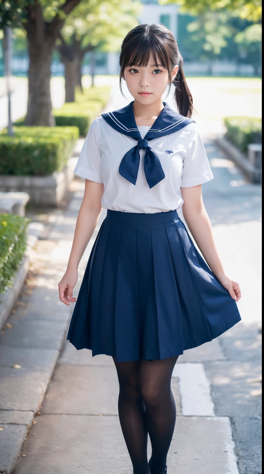 (Masterpiece,High Quality:1.3),(depth of field:1.3) ,((front body:1.35)), Japanese ,middle school girl,chignon,short-sleeved sailor uniform,NAVY BLUE long skirt,sailor ribbon,blacktights,huge breasts,voluptuous,(looking at viewer:1.3),(full body:1.2),Inside the school