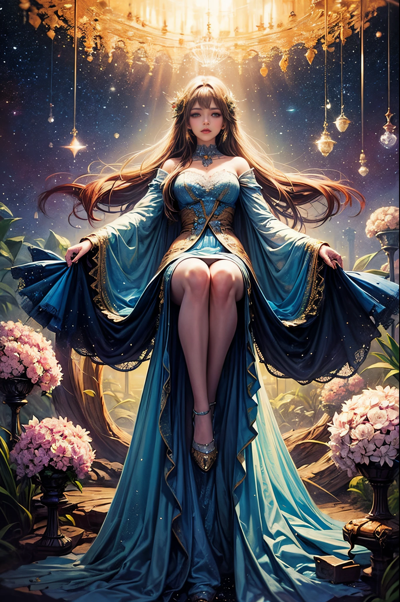 "((Surreal)) painting of a serene ((girl)) enjoying tea in a whimsical space garden, vibrant galaxy backdrop, intricate train winding through the celestial flora, dreamy atmosphere, ethereal colors, ((fantasy)) scene