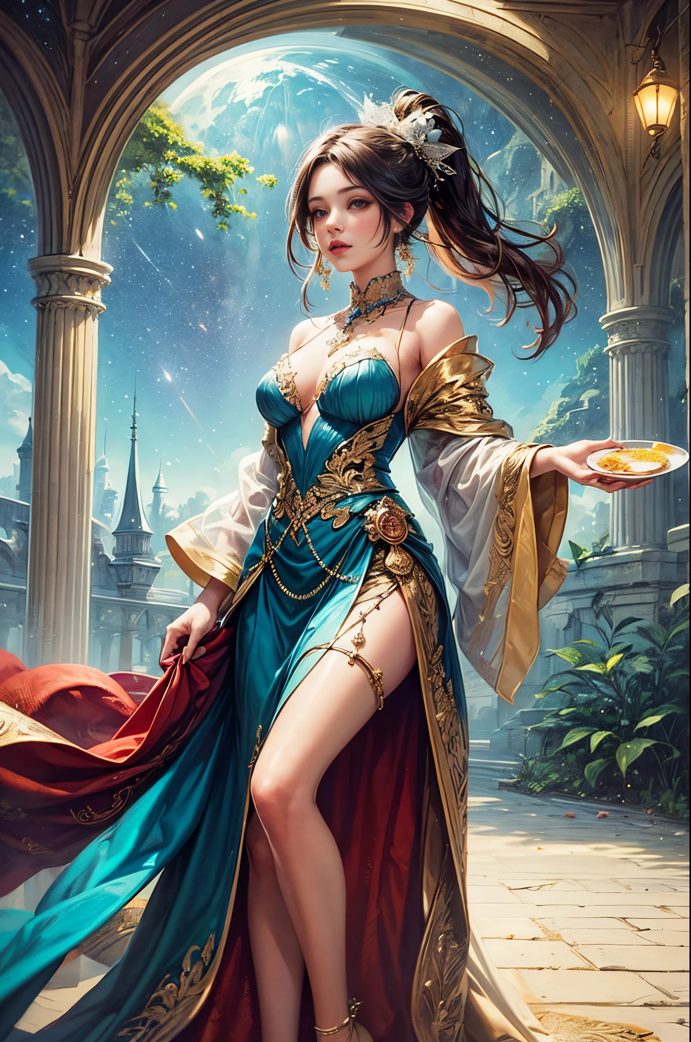 "((Surreal)) painting of a serene ((girl)) enjoying tea in a whimsical space garden, vibrant galaxy backdrop, intricate train winding through the celestial flora, dreamy atmosphere, ethereal colors, ((fantasy)) scene