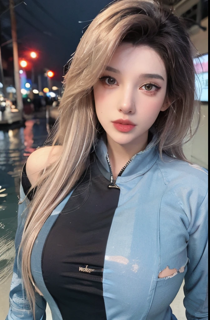 The highest image quality, tmasterpiece, super tall:1.4), Number of photos, 1 girl in,Highly Detailed Face and Skin Textur, 詳細な目, photorealistic eye, 美丽詳細な目, (Realistic skin), Attractive, Ultra-high sharpness, hyper realisitc, Very meticulous, the golden ratio, (sweatshirts, water leakage, hori&#39;tas&#39;too dark, be desperate, compassionate, Poor, 电影灯光, watery big eyes, watery big eyes, (Torn clothes: 1.5), ((wetclothes: 1.4)), bshoulders, True rain, Wet hair, ((Korea, of the whole body))