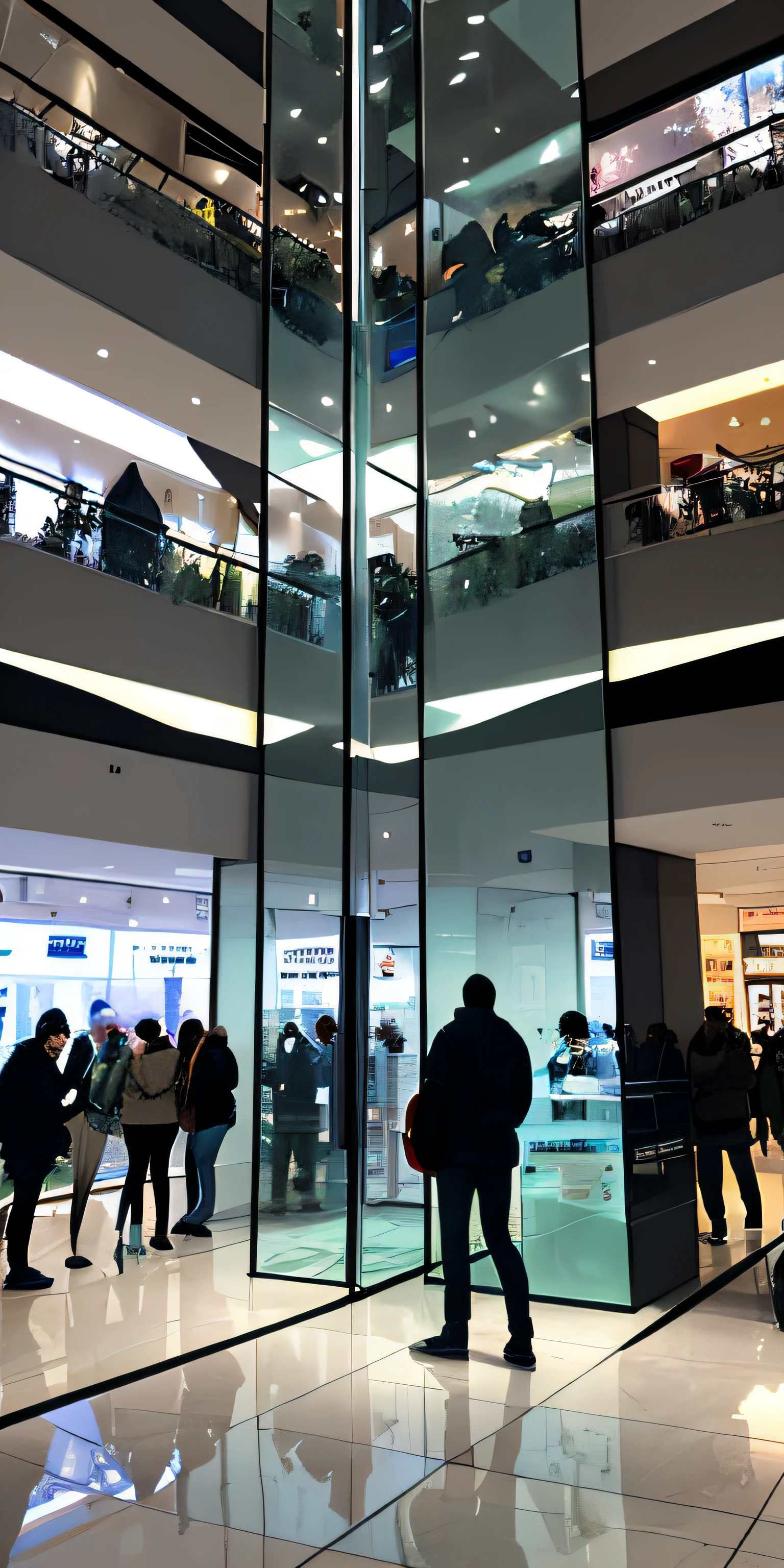 Ela'uma loja no shopping com fachada de vidro transparente. Na vitrine, Innovative gadgets are displayed with attractive lighting. Alguns espectadores observam curiosos: um casal discute sobre. The environment is busy, with people passing by and some stopping briefly to admire the gadgets on display.(muito realista)