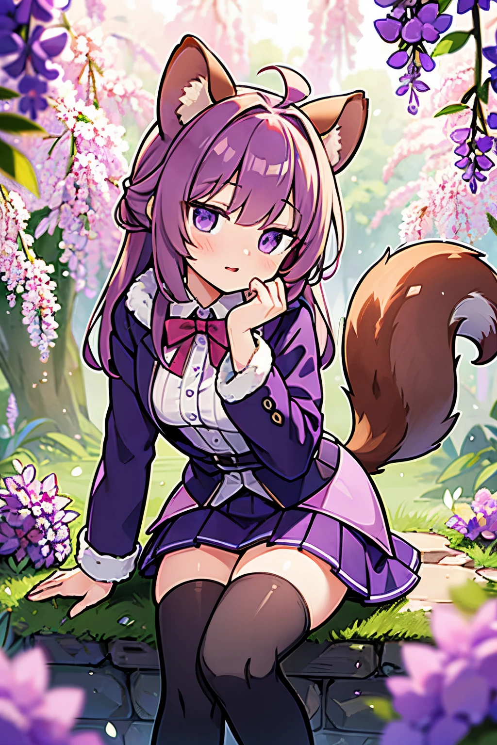 ((Masterpiece)), (High Definition:1.3), (Professional Photography:1.2), 1 squirrel girl, iolite eyes, squirrel ears, squirrel tail, violet hair, bunches, giggling, parted lips, (fur decorated Jacket:1.1), ribbon, miniskirt, thighhighs, sitting, leaning forward, flagstone, wisteria, sunlight filtering through trees, sharp focus, looking at viewer, cowboy shot, (intricate:1.1), (violet theme:1.1), (violet tone:1.1), (orange tone:0.8), illustration