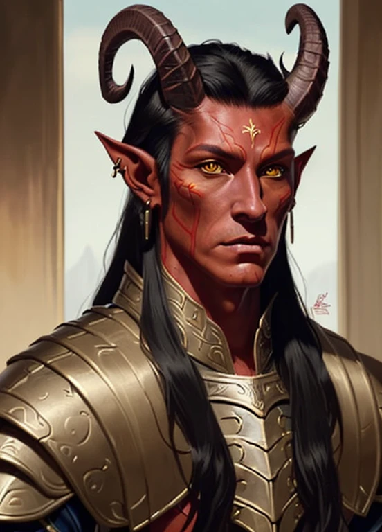Tiefling, male, horns, solo, pointy ears, earrings, male focus, long hair, black hair, colored skin, scalemail armor, looking at viewer, realistic, upper body, yellow eyes, portrait, colored sclera, closed mouth, red skin, ((masterpiece, best quality)), art by greg rutkowski