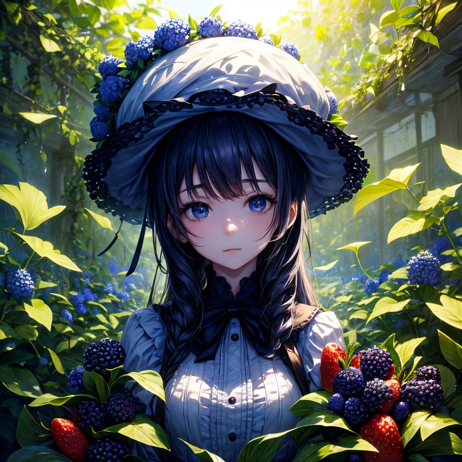 Overgrown with flowers、A hat filled with blueberries and strawberries、girl with、Best Quality, masutepiece, High resolution, Cinematic lighting, Volumetric lighting, contour deepening,
