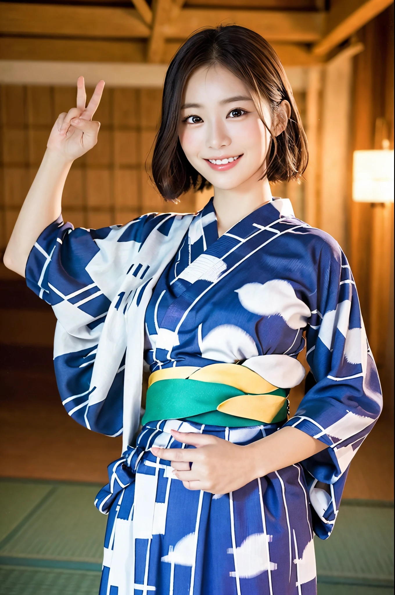 ulzzang -6500-v1.1, (Raw photo:1.2), (Photorealsitic), a beautiful detailed girl, (Real: 1.4), extremely detailed eye and face, ((Special Airoral Yukata:1.3))、Fireworks in the background、selfee, Instagram、game_nffsw, huge filesize, hight resolution, ighly detailed, top-quality, [​masterpiece:1.6], illustratio, ighly detailed, nffsw, finely detail, top-quality, 8k wallpaper, Cinematographic lighting, 1girl in, , perfect body type, cute droopy eyes beautiful big eyes、Pieckfinger, ((masutepiece)), Best Quality, eye shadow, Portrait, ((FULL BODYSHOT:1.4))、(Very affectionate smile:1.2)、realistic skin textures、shinny skin、