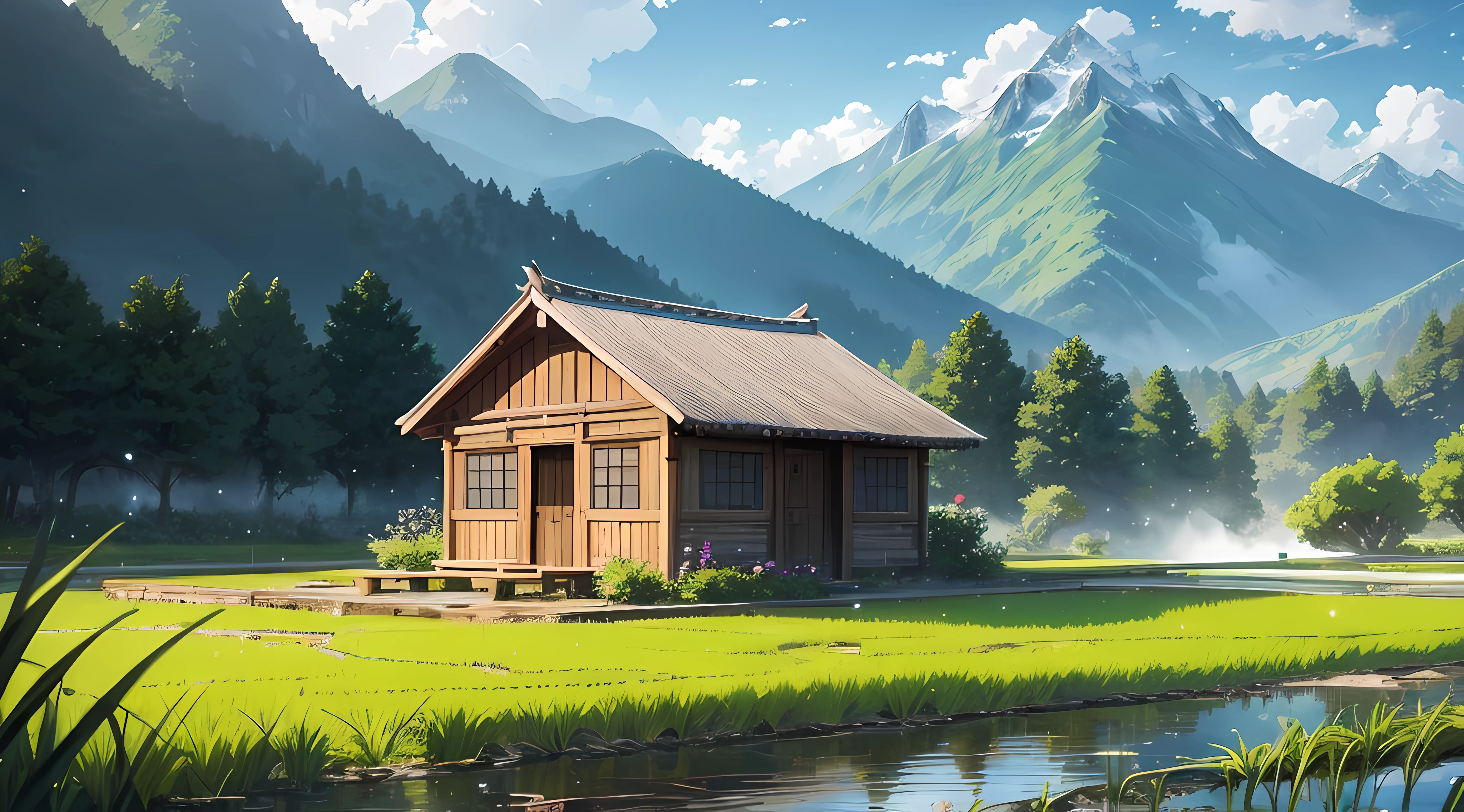 depict an anime view of a small hut in the middle of a rice field, peaceful and serene, peaceful natural scenery, anime, beautiful calm atmosphere, anime background, amazing mountain background, heavy rain and gentle wind blowing, there is an irrigation stream flowing in front of the house, beautiful photo, beautiful mountain background , calm, peaceful, 4k quality images