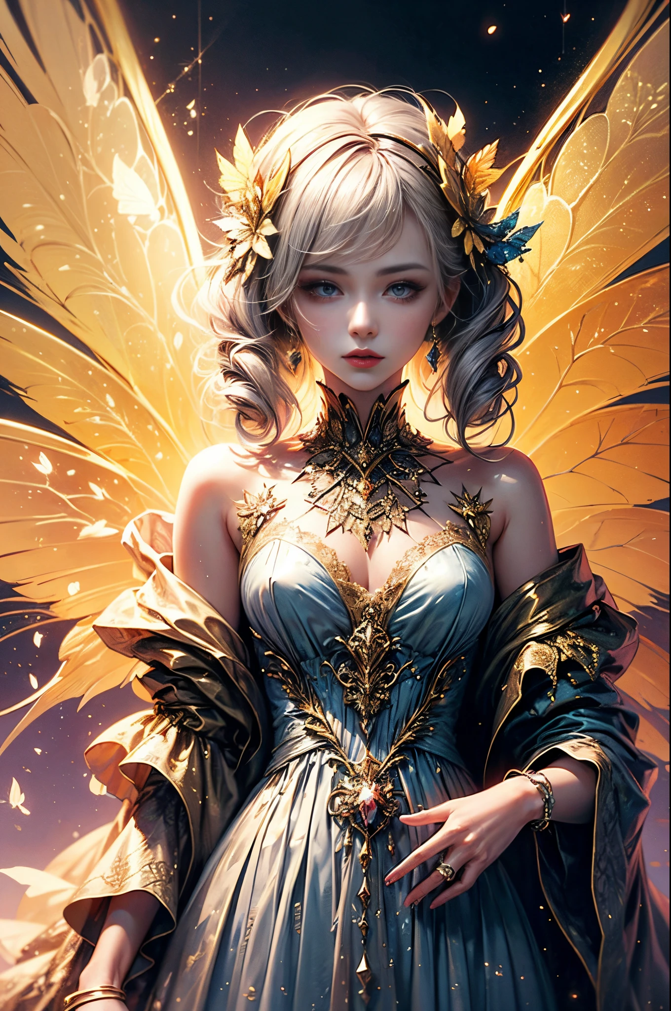"((Innocent)) girl, golden hour, dreamy meadow, ethereal, whimsical, flowing dress, soft sunlight, enchanting, butterfly wings, (pastel clouds), liquid reflections