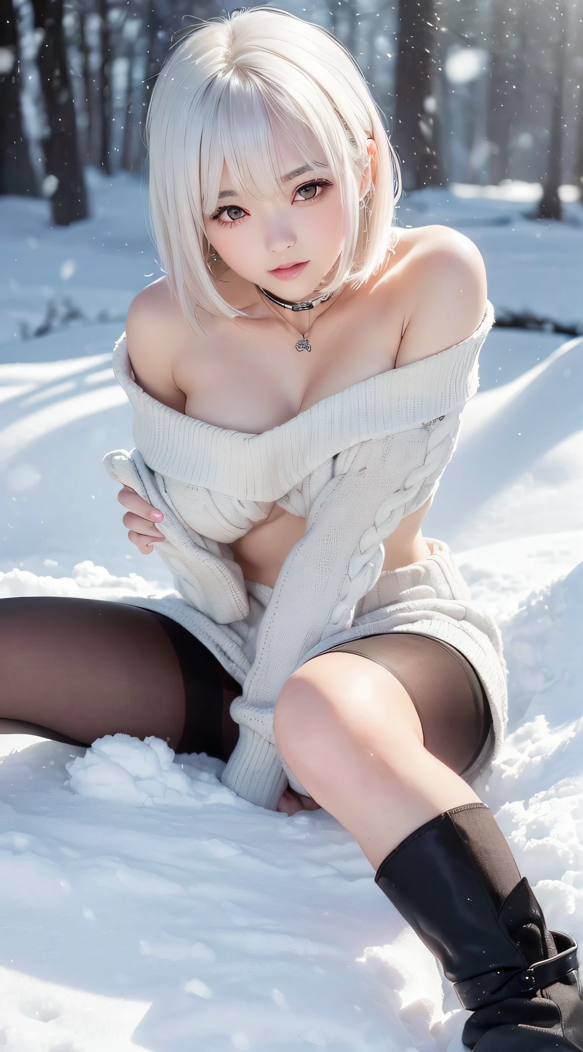 (RAW shooting:1.2)、(Photorealsitic:1.4)、(masterpiece:1.3)、(top-quality:1.4)、(Beautiful woman with perfect body:1.4)、Japan Young Women、(kawaii:1.2)、(FULL BODYSHOT)、(middlebreasts:1.3)、beauty breast、(Slender and beautiful girl)、(Sexy model pose with protruding breasts:1.3)、dream-like、Happy smiling face、(beautifully detailed eyes)、(charming big eyes)、(beautiful double eyelid)、(beautiful and detailed face)、(a short bob:1.3)、cute little、oblique bangs、Look at viewers、(loose white wool sweater、off shoulders、Tight mini skirt、Black thick pantyhose、Snow boots:1.3)、(beautiful thigh)、(snow mountains、snowscape:1.3)、Snow flickers、bokeh dof、