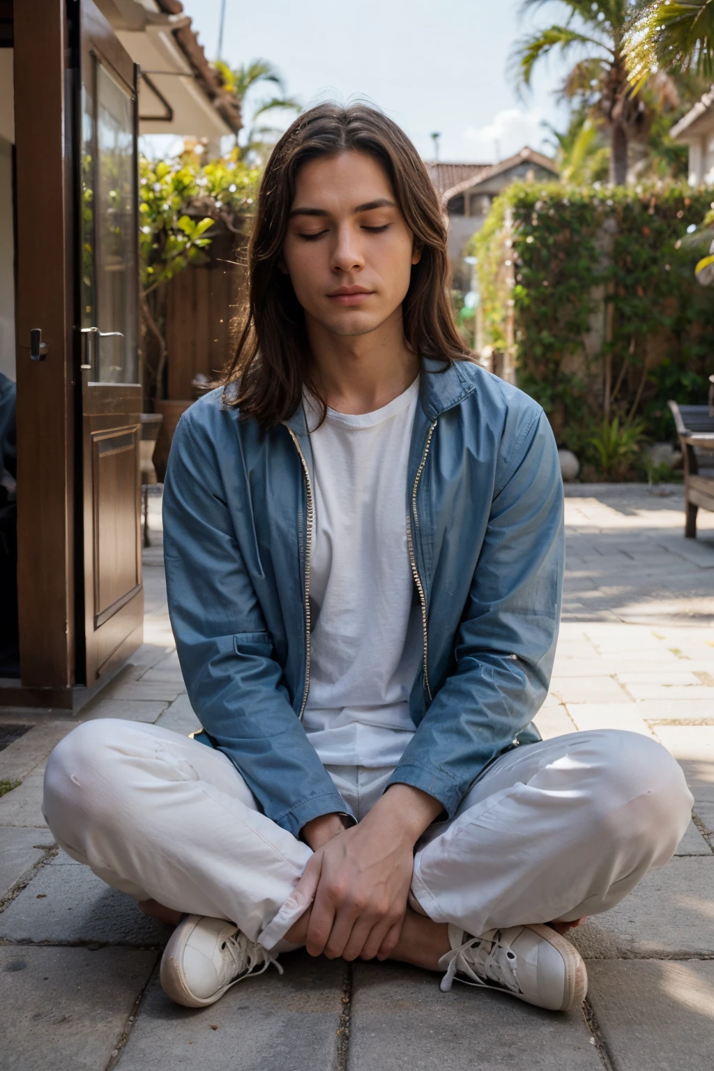 Create a convincing image of an attractive man with broad shoulders.  The man is wearing a white shirt, blue jacket, blue trousers and brown leather shoes.  sits in lotus position, man meditates with eyes closed.  the face is calm and concentrated.  full-length pose.  close-up, calm beach, personifying self-confidence and assertiveness, three palm trees can be seen in the background, dawn lighting.  No text added.
ultra-realistic, ultra-detailed, soft light, detail skin