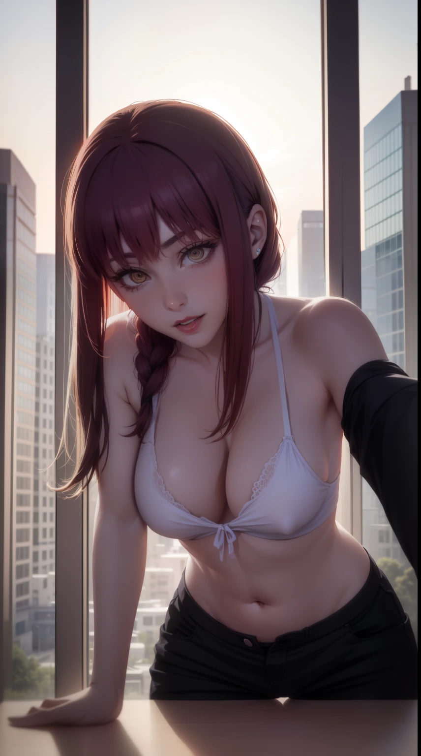 Hyper-realistic super detailed sexy Mitsuri Kanroji, NSFW, muy detallado, expresiones faciales sexys, Detail of seductive facial expression.: 1.4): 0.4], 16K resolution, 4k-resolution, dynamic  lighting, high-definition resolution, (pose sexy, Attractive position), (hiperrealista: 1.4), (Luz de fondo: 1.2), (Luz solar: 1), (altura completa: 1.8),(fondo contrastante: 1.5), (Hyperrealistic arm anatomy), (hyperrealistic leg anatomy), (Piel limpia), (Cinematic lighting: 1.7), (intimo), (Tecnología NVIDIA RTX Ray Tracing), (Perfect flat stomach), (Imagen en color),Create a 4K resolution, ultrarrealista, y obras de arte extremadamente detalladas que muestran a un CEO de Mitsuri Kanroji en un entorno de oficina corporativa con un estilo provocativo. Mitsuri Kanroji, el personaje central de la obra de arte., Conocida por su presencia imponente y su apariencia audaz. Ella se para frente a una gran ventana de vidrio de una oficina moderna que ofrece una vista del paisaje urbano..

 ((Mitsuri Kanroji (Asesino de demonios))), una chica con el pelo largo degradado de color verde rosado y ojos verdes, cabello verde, Cabello degradado, cabello multicolor, Cabello largo. Sha tiene una presencia imponente. Tiene una silueta provocativa pero profesional, con un traje de negocios entallado que resalta sutilmente su figura. Su maquillaje atrevido, with striking red lips and a look that demands attention.

She dressed provocatively,  A bold fashion statement. leotardo de colores brillantes, un toque de glamour a su apariencia general. shy and weak smile