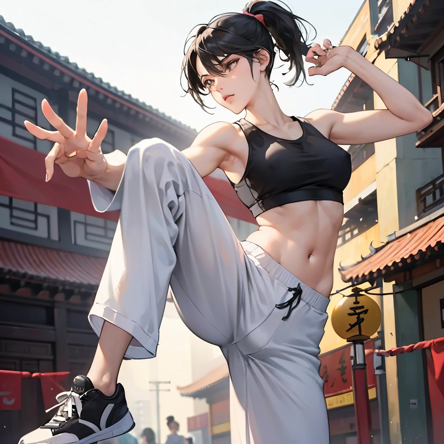 1girl in,Cute girl practicing tai chi,Black hair low ponytail,serious facial expression,tre anatomically correct,Precise fingers,Slender but big breasts,erectile nipple,white tank tops,Black Kung Fu Pants,Sports sneakers,In Chinatown,Active Poses and Angles,Jumping and kicking,photorealisim,​masterpiece,hiquality,