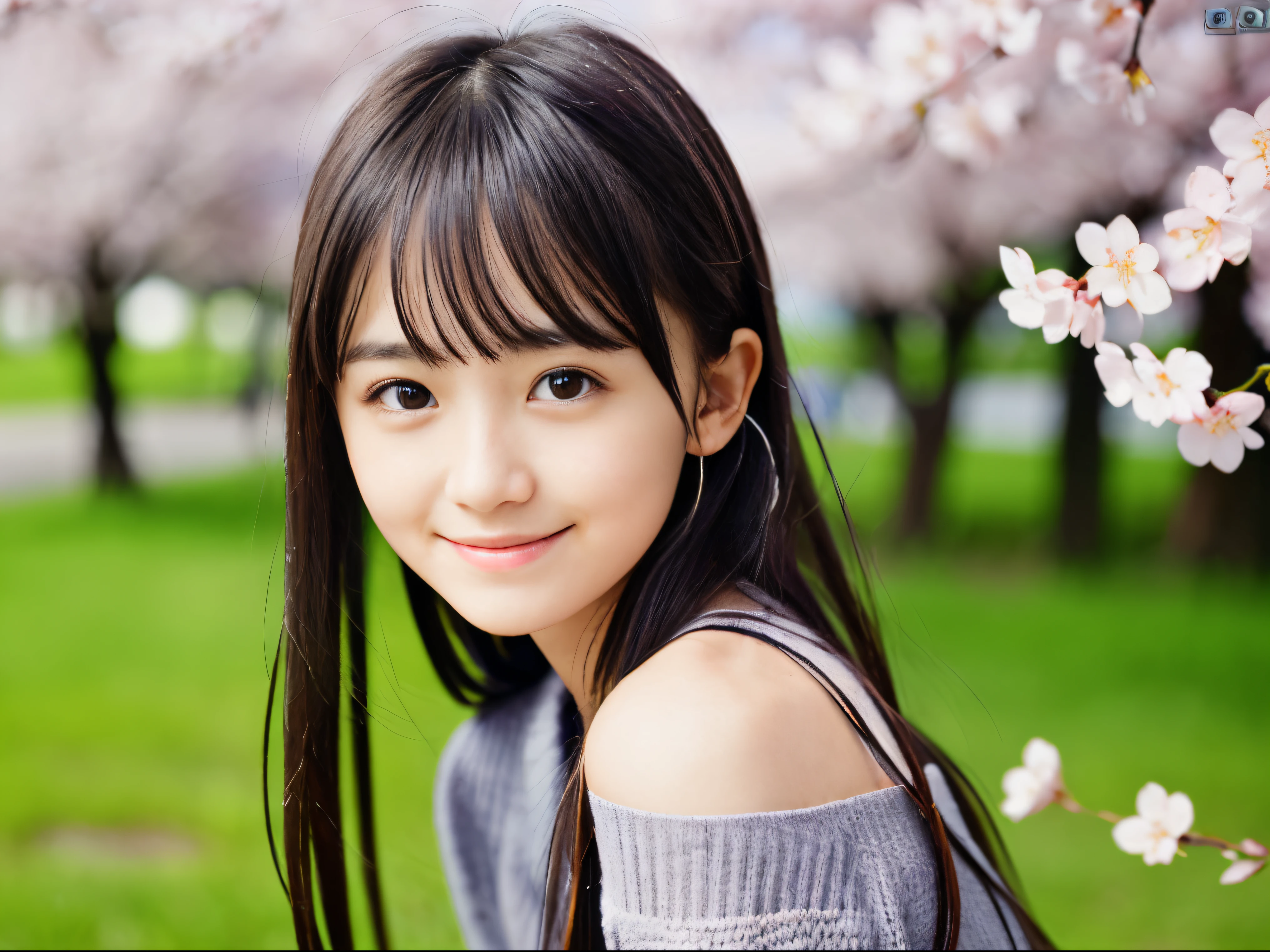 (I wore my bangs with my spring sweater and skirt.、Close-up of a slender small-breasted dark silver long-haired girl:1.5)、(A girl turns around and spreads her arms wide and smiles, Her hair blows in the wind in the schoolyard lined with cherry blossom trees in full bloom.:1.5)、(Blurry background:1.5)、(Perfect Anatomy:1.5)、(complete hands:1.3)、(complete fingers:1.3)、Photorealsitic、Raw photography、masutepiece、top-quality、hight resolution、delicate and pretty、face perfect、Beautiful detailed eyes、Fair skin、Real Human Skin、((thin legs))