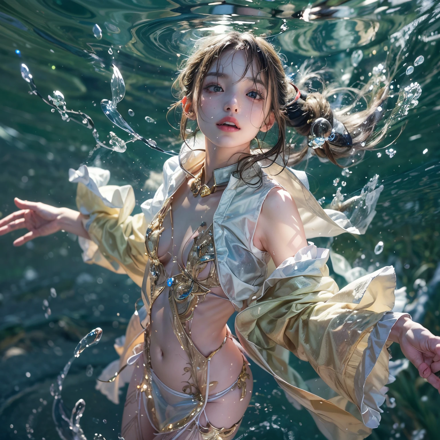 (8K, Original photography, Top image quality, masterpiece: 1.28), hyper HD, (Realistic, 真实感: 1.38), realisticlying, A high resolution, softlighting. Tiny Girls, girl jumping into the water、Falling、splash water、shout、Luminous water surface、White and Vivid colors, (under the mesmerizing back lighting), glistening ivory skin, sparkling highlights, Detailed KAWAII face with cute lips, long eyelashes, Delicate clothes, Detailed open crotch, (((Whole Body proportions and all limbs are anatomically accurate))) .