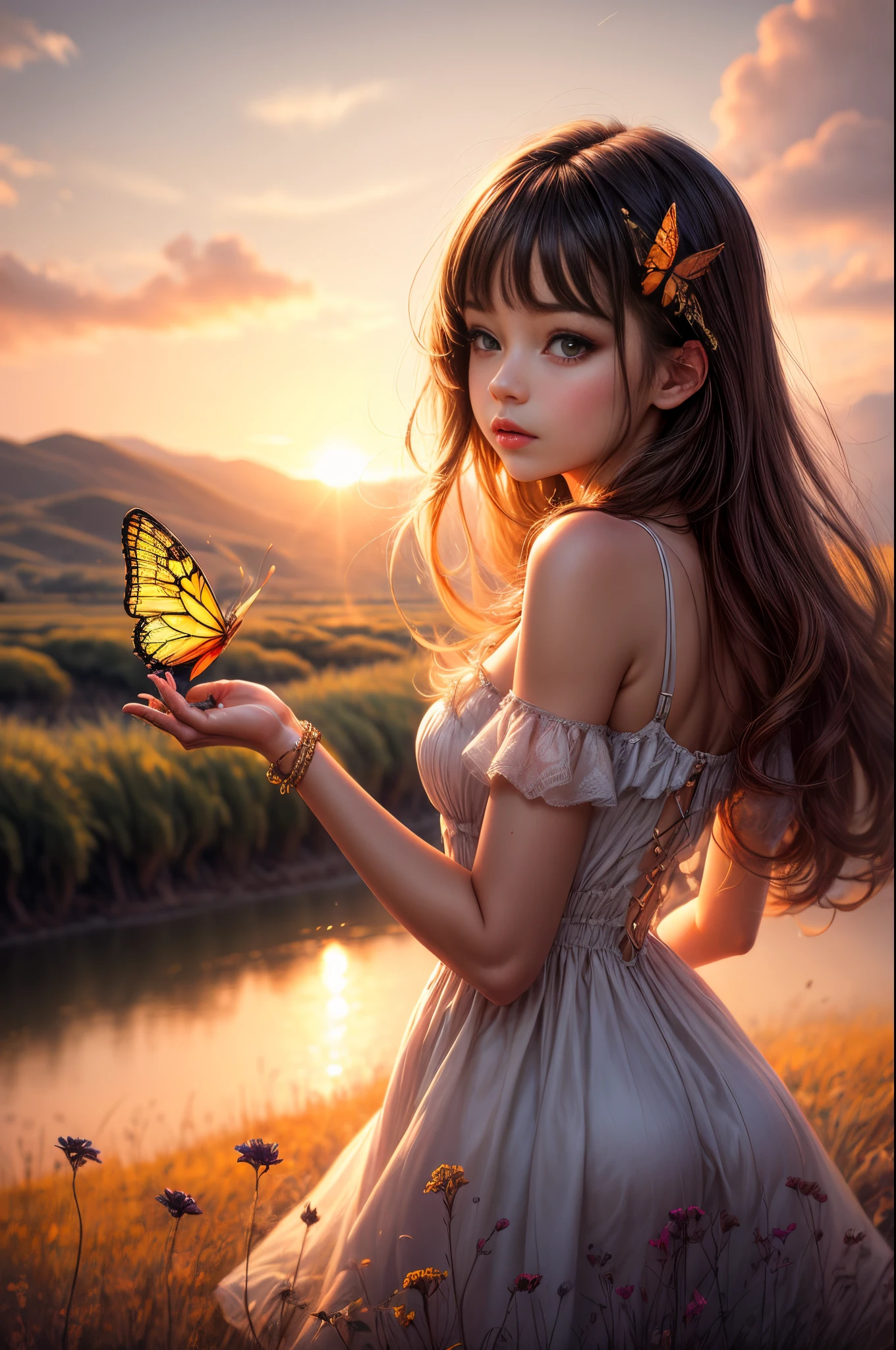 "((Innocent)) girl, golden hour, dreamy meadow, ethereal, whimsical, flowing dress, soft sunlight, enchanting, butterfly wings, (pastel clouds), liquid reflections