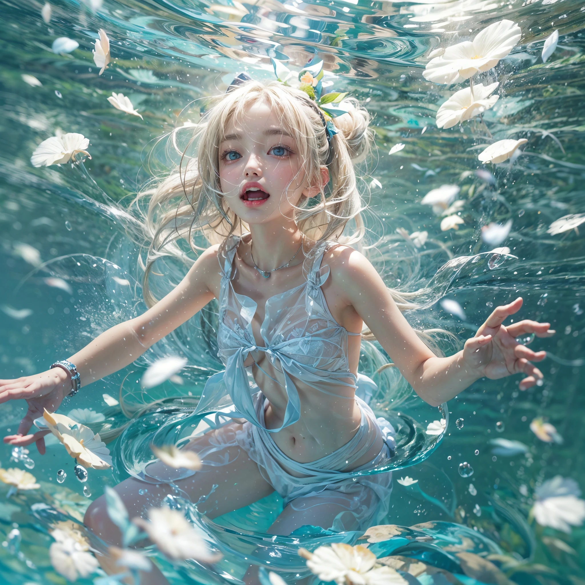 (8K, Original photography, Top image quality, masterpiece: 1.28), hyper HD, (Realistic, 真实感: 1.38), realisticlying, A high resolution, softlighting. Tiny Girls, girl jumping into the water、Falling、splash water、shout、Luminous water surface、White and Vivid colors, (under the mesmerizing back lighting), glistening ivory skin, sparkling highlights, Detailed KAWAII face with cute lips, long eyelashes, Delicate clothes, Detailed open crotch, (((Whole Body proportions and all limbs are anatomically accurate))) .