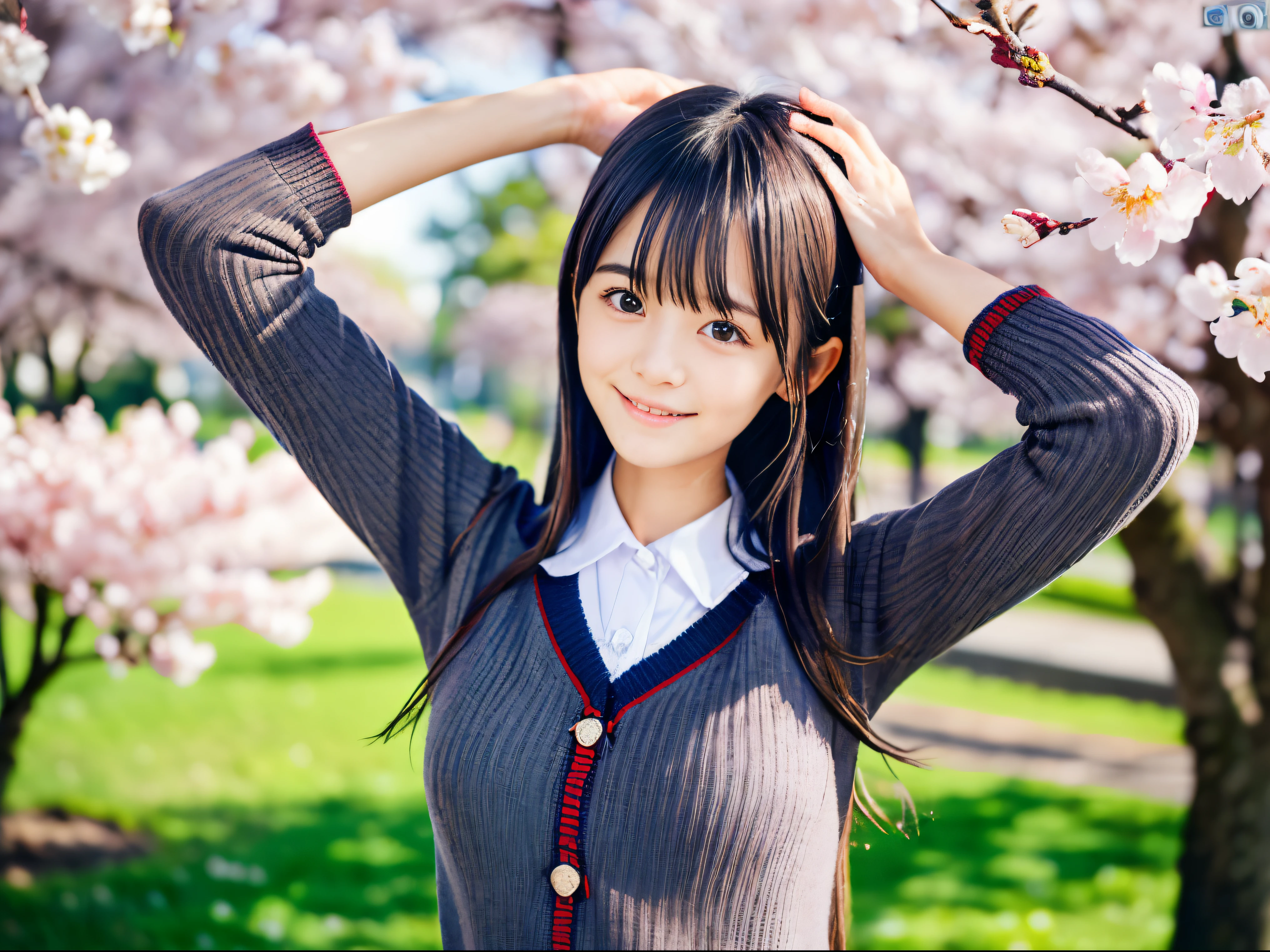 (Low angle shot of one slender small breasts half up hair with dull bangs in spring coat and shirt :1.5)、(The girl turns around with a small smile、the hair flutters with the wind :1.5)、(low angle shot:1.5)、(Rows of cherry blossom trees in full bloom and cherry blossom petals dancing in the wind:1.5)、(Perfect Anatomy:1.3)、(No mask:1.3)、(complete fingers:1.3)、Photorealistic、Photography、masutepiece、top-quality、High resolution, delicate and pretty、face perfect、Beautiful detailed eyes、Fair skin、Real Human Skin、pores、((thin legs))、(Dark hair)