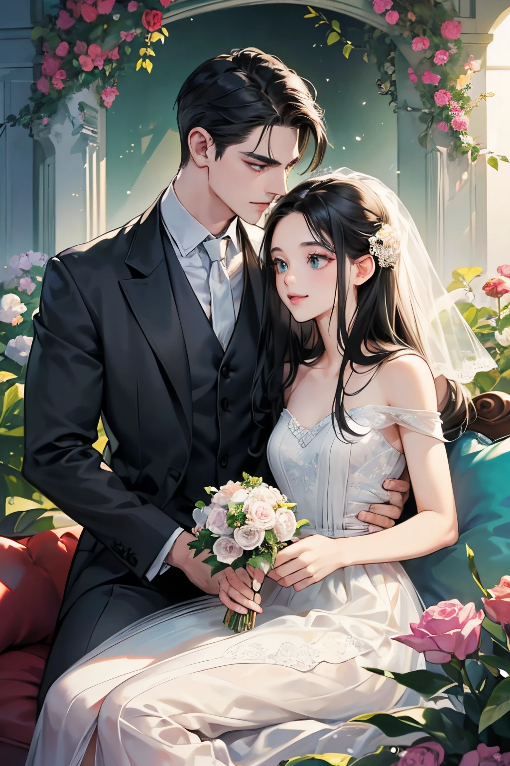 (masutepiece, Digital Art, Digital Illustration, 4K, 8K, Ultra-detailed, beautiful image, Sharp Image, Photorealistic, Raw photo, Perfect face, Perfect lines, Perfect eyes, Soft lighting) ,1 woman, (Long Black Hair,straight haired,Bullish gaze,Beautie,ellegance,Solid makeup,23 y-o woman,small tits:1.3),Two handsome men in suits, (ember,well-muscled,Firm shoulder width, Man's,Boyish hairstyle,English gentlemanly style,Man in his 30s with a cool expression,28-year-old man with bright smile:1.2),Show white teeth and smile(embarrassed from,Shy smile:1.1),A garden full of light、The fountain、Resort Sofa、colorful flower、innocent smiles,Laugh、couple kissing、kiss、the kiss、Romance、Mermaid line wedding dress rose bouquet、