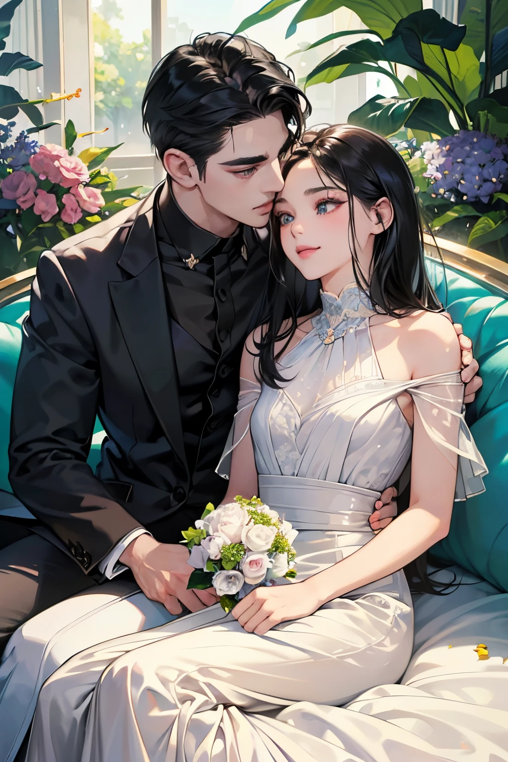 (masutepiece, Digital Art, Digital Illustration, 4K, 8K, Ultra-detailed, beautiful image, Sharp Image, Photorealistic, Raw photo, Perfect face, Perfect lines, Perfect eyes, Soft lighting) ,1 woman, (Long Black Hair,straight haired,Bullish gaze,Beautie,ellegance,Solid makeup,23 y-o woman,small tits:1.3),Two handsome men in suits, (ember,well-muscled,Firm shoulder width, Man's,Boyish hairstyle,English gentlemanly style,Man in his 30s with a cool expression,28-year-old man with bright smile:1.2),Show white teeth and smile(embarrassed from,Shy smile:1.1),A garden full of light、The fountain、Resort Sofa、colorful flower、innocent smiles,Laugh、couple kissing、kiss、the kiss、Romance、Mermaid line wedding dress rose bouquet、