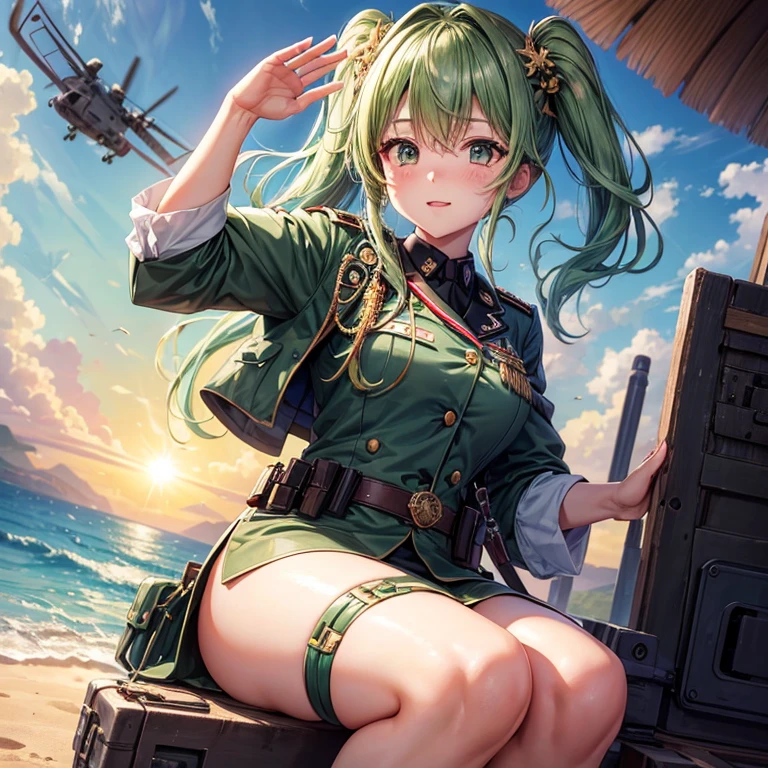 top-quality, hight resolution, 8K images,best qualtiy,hight resolution、A woman who is cute no matter who sees her、Tsundere、Green hair, Anime Shoujo Solo、 Absolute area、Looking at the camera、(Illustration ratio:1.1)、board a military helicopter、during daytime、Army equipment、military outfits、 army、rank major、foco nítido、Lunette de soleil、saluting