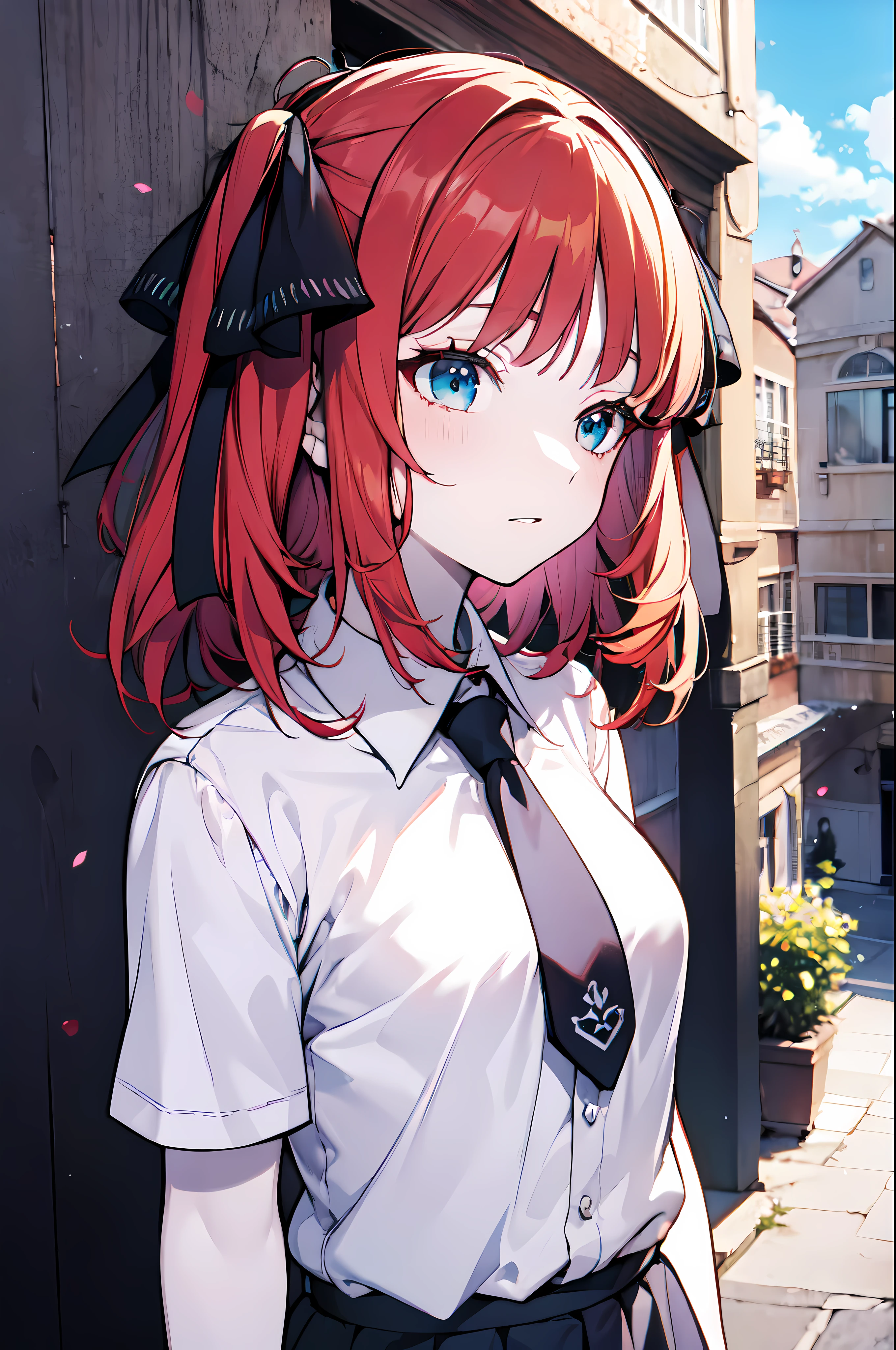 detailed, (masterpiece:1.2), (pale skin:1.2), (solo:1.2), (female:1.1), (emphasis lines:1.3), (school_uniform), courtyard, outdoors, red hair, blue eyes, blue sky, (hair_bows), short_hair