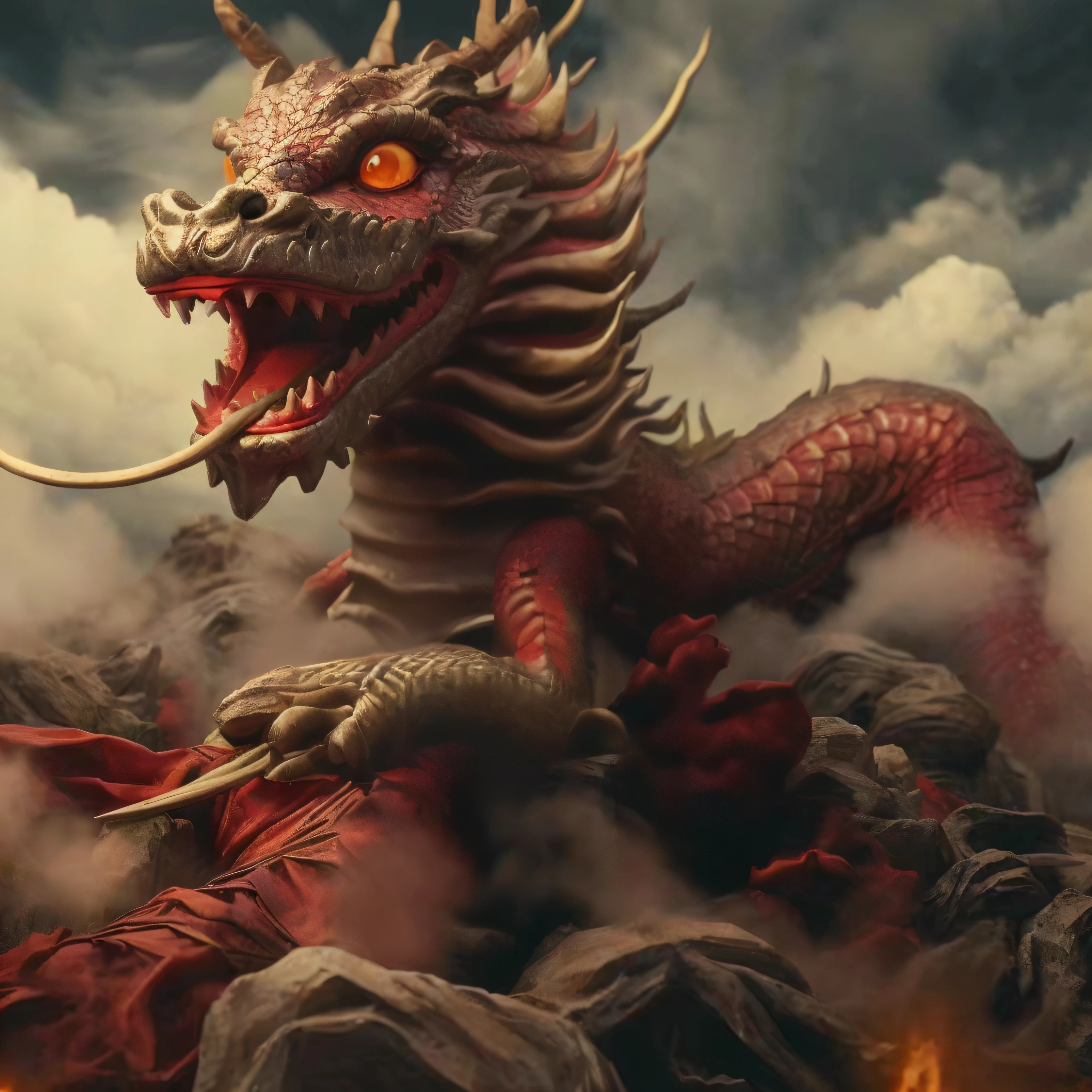 oda'dragon sitting on a pile of rocks, red dragon, chinese dragon concept art, Dragon as background, Dragon in the background, majestic japanese dragon, a red dragon, chinesedragon, smooth chinese dragon, epic dragon, ryujin, Demons in hell are like dragons, Dragon Art, fire dragon, dragon oil painting, a dragon