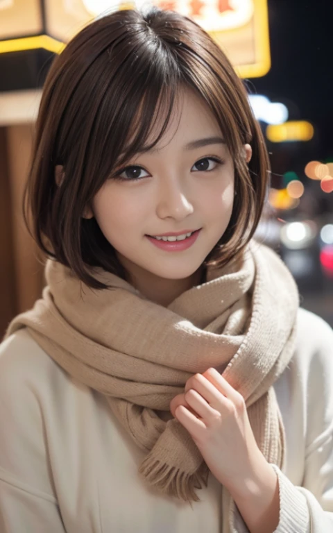 Cute 21 years old Japan、shopping、natta、nighttime scene、date、Super Detail Face、Eye of Detail、二重まぶた、beautiful thin nose、foco nítido:1.2、prety woman:1.4、(light brown hair,short-haired、),fair white skin、top-quality、masterpiece、超A high resolution、(Photorealsitic:1.4)、Highly detailed and professional lighting smile、cute fancy winter clothes、Red muffler、