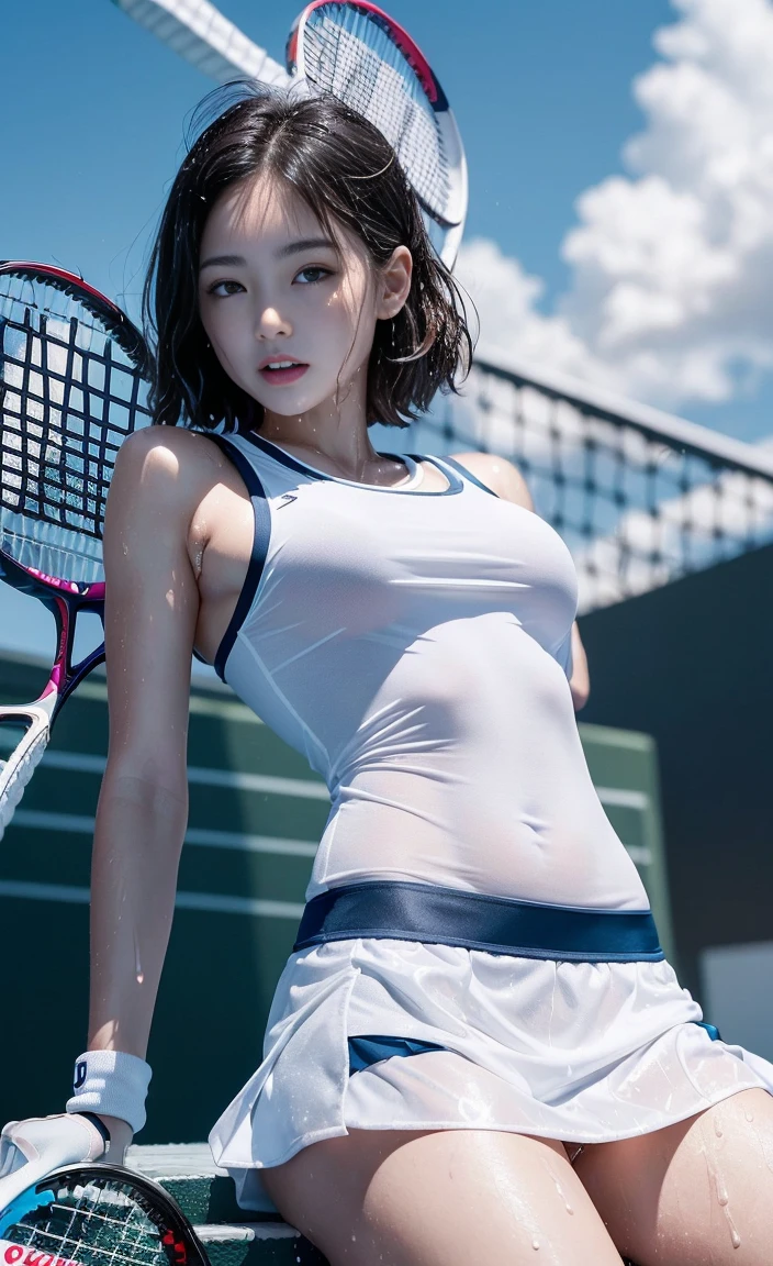 tmasterpiece, 1 girl in, 独奏, glowing light eyes, , Short white dress,tmasterpiece, quality, EndlessReality, ultra - detailed, blue-sky, tennis wear, (An extremely delicate and beautiful work), ((masseter membrane)), (Best quality), glamour body, One lady, 20yr old, (Wear tennis clothes:1.5), (Jumpy), (Sexually aroused face:1.4), ( shoulder-length short haiir skin:1.2), Bright lights, natural lightting, Luzes Realistas, lovely lips、delicated face、(EndlessReality、photore_actual:1.4)、((quality、tmasterpiece:1.3))、20yr old、((Brown hair))、((shower、White cloudy water))、(( lewd poseunctionality))、((Soaked))、(((drenched all over the body)))、(((Soaked)))、The upper part of the body、((()))、((( living)))、(((An excited expression)))、(((lack)))、Short hair detailare-chested、(((())))