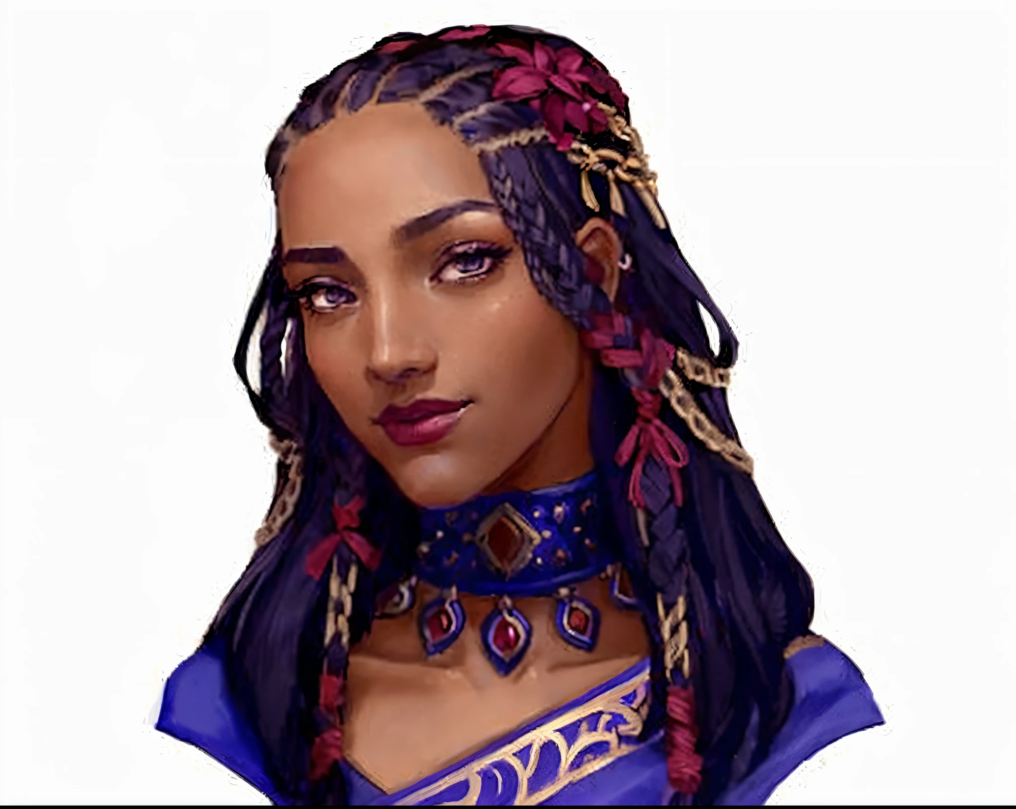 a close up of a bust of a woman with braids and a necklace, portrait of a dnd character, detailed character portrait, dnd character art portrait, d&d dark sun character art, dnd character concept portrait, dnd character portrait, dnd portrait, portrait dnd, d&d character head portrait, portrait of a female druid, portrait of a female mage, violet eyes